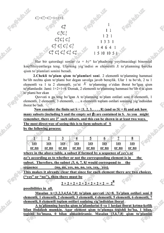 to the sequence (no, no, yes, no, no, yes, yes, yes). this makes it already clear that since for each element there are two choices (“yes” or “no”), then there must be 2 × 2 × 2 × 2 × 2 × 2 × 2 × 2 = 28 possibilities in all. masalan a={1,2,3,4,5,6,7,8} to’plam quvvati |a|=8. to’plam ostilari soni 0 elementli, 1 elementli, 2 elementli, 3 elementli, 4 elementli, 5 elementli, 6 elementli, 7 elementli, 8 elementli toplam ostilari sonining yig’indisidan iborat a to’plamning barcha qism to’plamlarini 0 va 1 lardan iborat ketma-ketlik bilan ifodalash mumkin. agar element qism to’plamga tegishli bo’lsa, 1 bilan, tegishli bo’lmasa, 0 bilan almashtiramiz. masalan {3,6,7,8} qism to’plamini (0,0,1,0,0,1,1,1) kabi shifrlash mumkin. shunday kortejlar soni 2·2·2·2·2·2·2·2=28ga teng. m elementli a to’oplamning barcha qism to’plamlari soni 2m ga teng[footnoteref:2]. [2: herbert gintis. mathematical literacy for humanists. printed in the united states of america, 2010 ] …