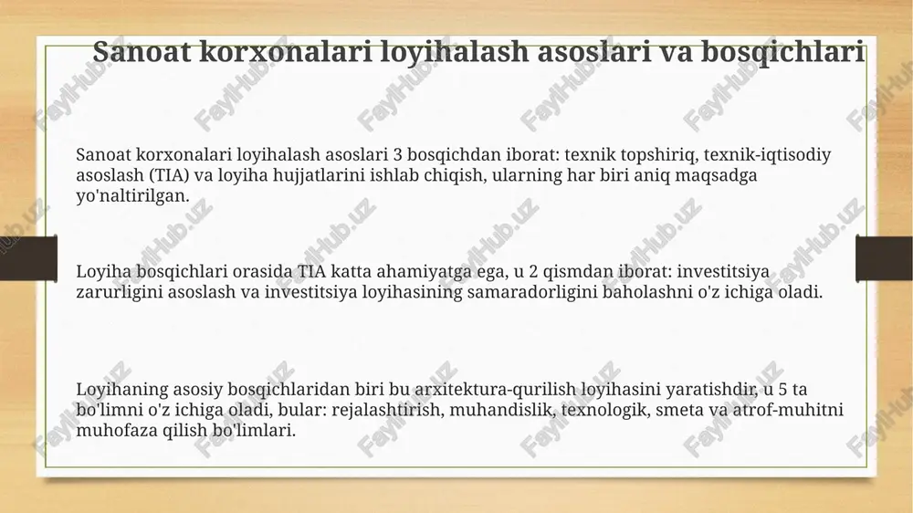 anitariya talablari kabi qurilish jarayonida rioya qilinishi kerak bo'lgan minimal standartlarni belgilaydi. sanoat korxonalarini rekonstruksiya qilish, modernizatsiya va innovatsion texnologiyalar sanoat korxonalarini rekonstruksiya qilish, mavjud texnologik jarayonlarni 30-50% ga takomillashtirish orqali ishlab chiqarish quvvatini oshirishga qaratilgan. modernizatsiya asosiy fondlarni 20-30% ga yangilashni o'z ichiga oladi, bu esa energiya samaradorligini oshirish va 15% ga resurs sarfini kamaytirish imkonini beradi. innovatsion texnologiyalar, masalan, 3d bosma va robotlashtirish, ishlab chiqarish xarajatlarini 25% ga kamaytiradi va sifatni sezilarli darajada yaxshilaydi. e'tiboringiz uchun rahmat image3.png image4.png