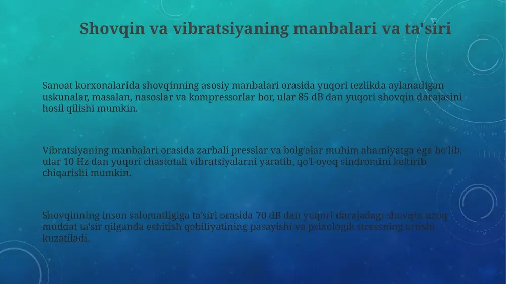 a ma'lumotlarni yig'ish va tahlil qilish uchun bulutli texnologiyalar qo'llaniladi. vibratsiyani baholashda yangi algoritm va dasturiy ta'minotlar qo'llaniladi. ularning yordamida 3d-modellashtirish orqali vibratsiyaning tarqalish yo'llari aniqlanadi va samaraliroq kamaytirish choralari ishlab chiqiladi. e'tiboringiz uchun rahmat image4.png image3.png