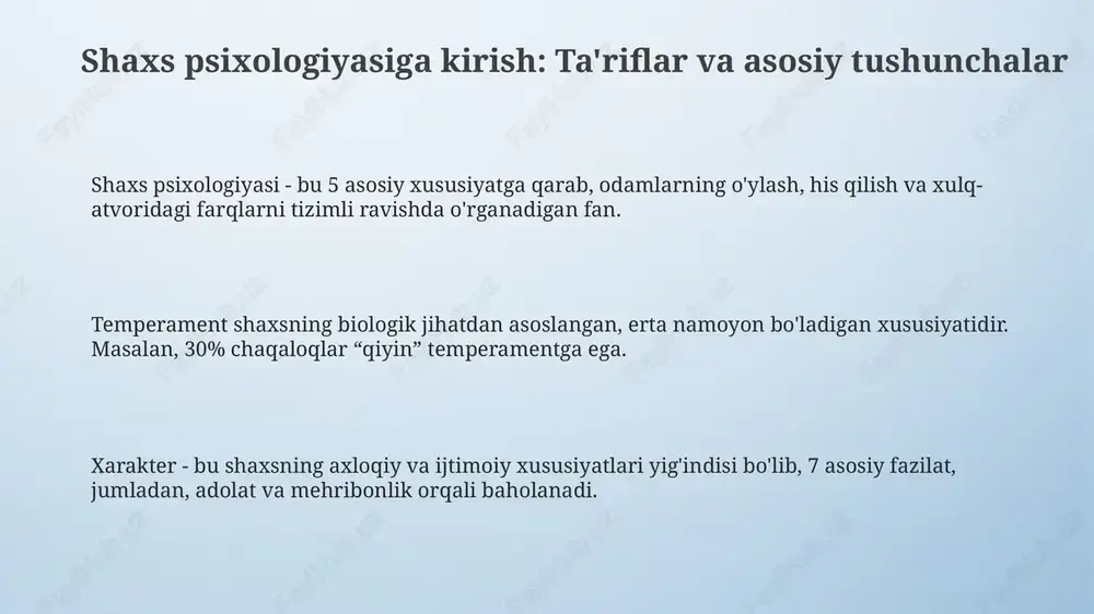 ologik omillar (genlar) va tajriba (stress) o'rtasidagi bog'liqlikni aniqlashga intiladi. klinik psixologiyada shaxs psixologiyasi buzilishlarni tashxislash va davolash uchun muhim. 5 faktorli model asosida samarali terapiya usullari ishlab chiqilgan. e'tiboringiz uchun rahmat image4.png image1.jpeg