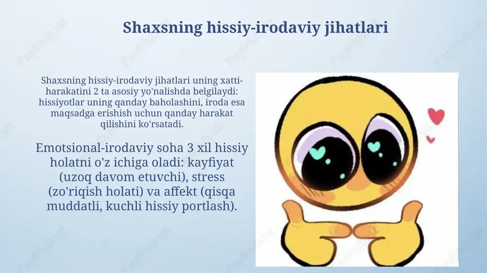 aratilgan, masalan, do'stga bo'lgan muhabbat, vatan tuyg'usi 100 foiz aniq. iroda: ta'rifi, tuzilishi va sifatlari iroda - bu maqsadga erishish uchun ichki to'siqlarni (shubha, qo'rquv) 120% bartaraf etish, muammolarni 48 soat ichida hal qilish va ongli ravishda harakat qilish qobiliyatidir. irodaning tuzilishi 3 ta asosiy komponentdan iborat: motivatsion (maqsadni anglash), intellektual (rejalashtirish) va amaliy (harakatni amalga oshirish); ularning har biri muhim. irodaviy harakatlar bosqichlari va motivatsiya irodaviy harakatning birinchi bosqichi - ehtiyojni anglash va maqsadni shakllantirish, bu motivatsiya orqali kuchayadi, chunki ehtiyoj harakatga undaydi. irodaviy harakatning ikkinchi bosqichi - qaror qabul qilish, bu motivatsiya darajasiga bog'liq, yuqori motivatsiya qaror qabul qilishni tezlashtiradi va osonlashtiradi. hissiyot va iroda buzilishlari irodaviy buzilishlarga abuliya kiradi, bunda 0 dan 100 gacha boʻlgan shkala boʻyicha baholanganda, shaxsning maqsadga yoʻnaltirilgan harakatlarni boshlash va davom ettirish qobiliyati sezilarli darajada kamayadi. hissiy buzilishlar orasida affekt labilligi bor, bunda hissiy reaksiyalar 1 dan 5 daqiqagacha bo'lgan muddat ichida beqaror …