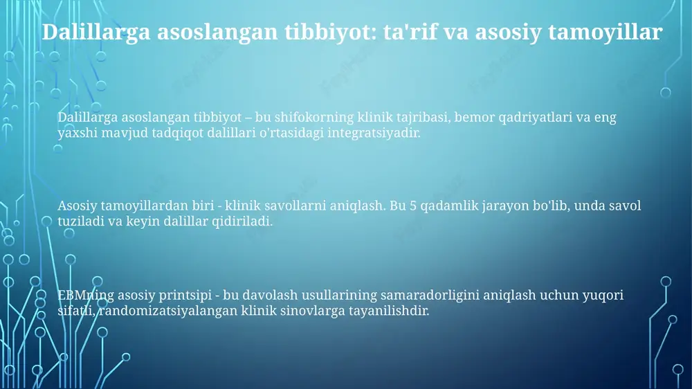 erish, dalillarni topish, baholash, qo'llash va natijalarni baholashga e'tibor qaratish muhim. talabalarga dalillarga asoslangan tibbiyot asoslarini o'rgatish uchun pbl (muammoga asoslangan o'qitish) kabi interaktiv metodlar, masalan, 3 ta klinik senariy asosida muhokamalarni tashkil etish lozim. dalillarni baholash bo'yicha 2 haftalik amaliy mashg'ulotlar o'tkazish, talabalarga cochrane kutubxonasi kabi 4 ta muhim ma'lumotlar bazalaridan foydalanishni o'rgatish ham muhim. tibbiyotdagi yangiliklar va dalillarga asoslangan tibbiyot sun'iy intellekt (ai) diagnostika va davolashda yordam beradi, ammo uning klinik qiymati qat'iy klinik sinovlar orqali dalillanishi kerak, aks holda foydali bo'lmasligi mumkin. genomika va proteomika tibbiyotdagi yangiliklar bo'lib, kasalliklarni molekulyar darajada tushunish va davolashga qaratilgan, dalillarga asoslangan yondashuv uchun asos yaratadi. telemeditsina geografik to'siqlarni bartaraf etadi, lekin uning samaradorligi va bemor xavfsizligi bo'yicha ma'lumotlar dalillarga asoslangan tibbiyot tamoyillari asosida baholanishi kerak. dalillarga asoslangan tibbiyotning cheklovlari va muammolari dalillarga asoslangan tibbiyotning amaliyotdagi cheklovlaridan biri shundaki, ko'plab klinik vaziyatlarda, ayniqsa kam uchraydigan kasalliklarda 1-darajali dalillar (masalan, rct) mavjud emas. …