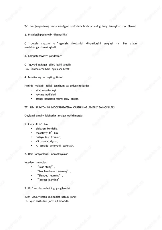 aka oshirish koreya, finlyandiya, yaponiya, germaniya, singapur bilan hamkorlik yo‘lga qo‘yilgan. 3. pedagoglar attestatsiyasini raqamlashtirish shkala bo‘yicha baholash, portfoliolar, e-testlar joriy etilgan. xalqaro hamkorlik va innovatsiyalar 1. xalqaro hamkorlikning kengayishi o‘zbekiston 2020–2025-yillarda: • 25+ xorijiy otm filiallarini ochdi, • 200+ qo‘shma dasturlar yo‘lga qo‘ydi. 2. xalqaro baholash dasturlari • pisa, • pirls, • timss dasturlarida o‘zbekiston ishtirok etmokda. 3. ilmiy tadqiqotlar oliy ta’lim muassasalarida ilmiy laboratoriyalar va texnoparklar faoliyati kuchaymoqda. o‘zbekiston respublikasining ta’lim sohasidagi davlat siyosati chuqur ilmiy asoslangan, amaliy jihatdan samarali, zamonaviy talablar bilan uyg‘unlashgan, kelajak avlodni global mehnat bozori uchun tayyorlashga qaratilgan siyosatdir. bu siyosatning ustuvor yo‘nalishlari: • inson kapitaliga investitsiya, • raqamli transformatsiya, • innovatsiyalar, • xalqaro hamkorlik, • pedagoglar maqomini oshirish, orqali ta’lim tizimi jadal modernizatsiya qilinmoqda. bugun o‘zbekiston ta’lim tizimi global standartlarga yaqinlashib, raqobatbardosh rivojlanishning mustahkam poydevorini yaratmoqda.
