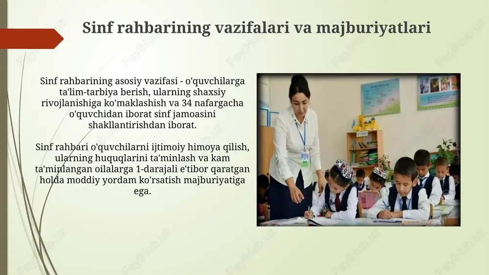 orqali sinf rahbarlarining kasbiy mahoratini oshirishga xizmat qiladi, bu orqali 2-darajali natijalarga erishiladi. sinfdan tashqari faoliyat sinfdan tashqari tadbirlar o'quvchilarning qiziqishlarini qondirish uchun 2-3 ta to'garak tashkil etishni o'z ichiga oladi, ular musiqa, sport, san'at yoki ilmiy yo'nalishda bo'lishi mumkin. har chorakda kamida 1-2 ta sinfdan tashqari tadbir o'tkazish rejalashtiriladi, bu sayohatlar, ekskursiyalar, ko'rgazmalar yoki tanlovlar bo'lishi mumkin. muammolar va ularni hal etish yo'llari o'quvchilarda darsga qiziqishning yo'qligi sababli, interaktiv metodlar va texnologiyalardan foydalanish, individual yondashuv orqali har bir o'quvchining qobiliyatini rivojlantirish mumkin. intizom bilan bog'liq muammolarni hal etishda, o'quvchilar bilan do'stona munosabat o'rnatish, qoidalar va talablarni tushuntirish, hamda rag'batlantirish tizimini qo'llash samarali hisoblanadi. yutuqlar va istiqbollar sinf rahbarining yutuqlari orasida 90% o'quvchilarning o'zlashtirish darajasini oshirishi va 85% bitiruvchilarning oliy o'quv yurtlariga kirishi istiqbolli ko'rsatkichlardir. kelajakda sinf rahbarlari uchun sun'iy intellektga asoslangan ta'lim platformalarini joriy etish orqali o'quvchilarning individual ehtiyojlarini qondirishning yangi imkoniyatlari yaratiladi. e'tiboringiz uchun rahmat image1.png image2.jpg image3.jpg …