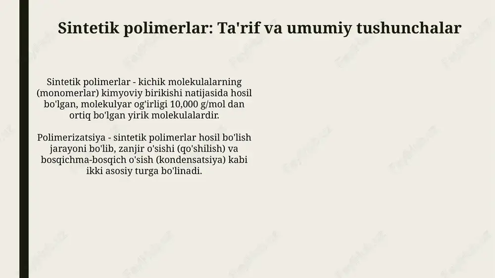 lar polimerlarni qayta ishlashda katta miqdordagi energiya sarflanadi, masalan, ekstruziya jarayoni yuqori harorat va bosimni talab qiladi, bu esa issiqxona gazlari emissiyasiga olib keladi. ko'pgina polimerlar biologik parchalanmaydi va atrof-muhitda yuzlab yillar davomida saqlanib qoladi, bu esa mikroplastik muammosini keltirib chiqaradi, dengiz hayotiga xavf tug'diradi. biodegradatsiyalanadigan polimerlar va nanokompozitlar biodegradatsiyalanadigan polimerlar, masalan, polilaktik kislota (pla), 6 oydan 2 yilgacha mikroorganizmlar ta'sirida suv, karbonat angidridga parchalanadi, bu esa atrof-muhitga ta'sirni kamaytiradi. polimer nanokompozitlarida, atigi 1-5% nanozarrachalarni (misol uchun, loy) polimer matritsaga qo'shish mexanik mustahkamlikni 40% ga oshirishi va termik barqarorlikni yaxshilashi mumkin. polimerlar sohasidagi kelajak istiqbollari va tadqiqotlar o'z-o'zini tiklaydigan polimerlar intensiv ravishda o'rganilmoqda, ular shikastlanganda o'zini o'zi tuzatadi va materialning xizmat qilish muddatini 30-50% ga uzaytiradi. yangi polimer nanokompozitlar yaratilmoqda, ular metallar kabi mustahkamlikni, lekin 60% kamroq vaznga ega bo'lib, aerokosmik sanoat uchun potentsialni oshiradi. e'tiboringiz uchun rahmat image1.jpg image2.jpg image3.jpg image4.jpg image5.jpg image6.jpg image7.jpg image8.jpg