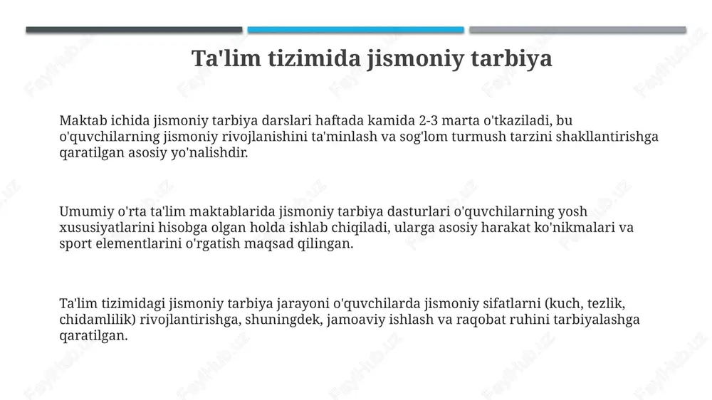 , ular 7 yoshdan 18 yoshgacha bo'lgan yosh sportchilarni professional darajada tayyorlash uchun mo'ljallangan 20 dan ortiq sport turlari bo'yicha mashg'ulotlar o'tkazadi. jismoniy tarbiya o'qituvchilari va murabbiylari jismoniy tarbiya o'qituvchilari 1-4 sinflarda har bir darsda, 5-9 sinflarda esa haftada kamida 2 soat dars o'tish uchun tegishli metodik tayyorgarlikka ega bo'lishi kerak. murabbiylar sport seksiyalarida bolalar bilan ishlashda ularning yosh xususiyatlarini hisobga olgan holda, jismoniy va psixologik rivojlanishini ta'minlashga yo'naltirilgan maxsus dasturlar asosida ishlaydi. o'qituvchilarning malakasini oshirish har 3-5 yilda bir marta tegishli o'quv markazlarida jismoniy tarbiya fanining zamonaviy tendensiyalari bo'yicha yangi bilim va ko'nikmalarni egallash orqali amalga oshiriladi. jismoniy tarbiyaning moddiy-texnik bazasi maktablarda jismoniy tarbiya uchun ajratilgan maydonning kamida 60% sport inshootlari, jumladan, 100 metrga yugurish yo'laklari va sakrash uchun joylar bilan ta'minlangan bo'lishi kerak. jismoniy tarbiyaning moddiy-texnik bazasiga sport zallari, maydonlar, 25x12 metrli suzish havzalari va ularning zarur jihozlari, masalan, to'plar, halqalar va gimnastika uskunalari kiradi. sport anjomlari va …