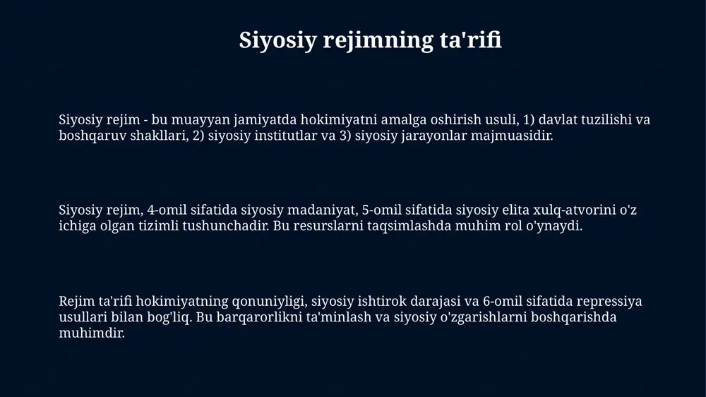 ajmuasidan tashkil topadi. siyosiy partiyalar rejimda muhim rol o'ynaydi, ular 2 yoki undan ortiq partiyadan iborat bo'lishi mumkin, ular siyosiy qarorlar qabul qilishda ishtirok etadi. konstitutsiya konstitutsiyaning qonun ustuvorligi elementlaridan biri sifatida 5-10 yilda o'zgartirilishi, unga qo'shimchalar kiritilishi mumkin, lekin asosiy tamoyillar saqlanib qolishi muhim. konstitutsiya – bu davlatning asosiy qonuni bo'lib, unda 193 ta modda bo'lishi mumkin, ular davlat tuzumi va fuqarolarning asosiy huquqlarini belgilaydi. konstitutsiya 1992-yilda qabul qilingan bo'lsa, siyosiy partiyalar, saylov tizimi va hokimiyat tarmoqlari kabi siyosiy rejim elementlarining asosiy qoidalarini o'z ichiga oladi. qonun ustuvorligi qonun ustuvorligi, 1776-yildagi aqsh mustaqillik deklaratsiyasida aks etganidek, hukumat amaldorlari qonunlar bilan cheklangan va qonun oldida teng bo'lishini ta'minlaydi. qonun ustuvorligi 1215-yildagi magna kartada o'z ildizlariga ega bo'lib, shaxsiy huquqlarni himoya qilish va hukumat hokimiyatini cheklash orqali barqaror iqtisodiy o'sishga yordam beradi. qonun ustuvorligi shaffof sud tizimini, adolatli tartiblarni va barcha shaxslarning qonun oldida tengligini nazarda tutadi, bu esa korruptsiyani kamaytiradi …