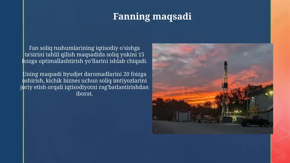 urlarni o'z ichiga oladi, jumladan, qo'llab-quvvatlash grantlari va subsidiyalarni berish. soliq siyosatini amalga oshirish uchun davlat organlari soliq qonunchiligini ishlab chiqadi va joriy etadi, shuningdek, 25 dan ortiq turli xil soliq to'lovlarini nazorat qiladi. soliq siyosatining ijtimoiy-iqtisodiy oqibatlari soliq siyosati oqibatlari aholi daromadlariga ta'sir etadi; progressiv soliq stavkalari daromad tengsizligini kamaytirsa, regressiv stavkalar esa aksincha, 10-20%ga oshirishi mumkin. soliq siyosati ijtimoiy xarajatlar (ta'lim, sog'liqni saqlash) moliyalashtirish manbai bo'lib, 5-15%gacha ijtimoiy infratuzilmani yaxshilashga yo'naltiriladi va aholi farovonligini oshiradi. o'zbekiston respublikasida soliq siyosati o'zbekiston soliq siyosati 2024-yilda soliq yukini kamaytirish, tadbirkorlikni qo'llab-quvvatlash va investitsiyalarni rag'batlantirishga qaratilgan kompleks chora-tadbirlarni amalga oshirmoqda. respublikada soliq siyosati davlat byudjetining barqarorligini ta'minlash, iqtisodiy o'sishni rag'batlantirish va aholining ijtimoiy himoyasini kuchaytirishga yo'naltirilgan strategiyani o'z ichiga oladi. soliq siyosatining rivojlanish istiqbollari soliq siyosatining rivojlanish istiqbollari raqamli soliq tizimini joriy etishni o'z ichiga oladi, bunda elektron deklaratsiyalar va 24/7 soliq to'lovlari imkoniyatlari kengaytiriladi. yashil soliqlar, masalan, uglerod solig'i va ekologik …