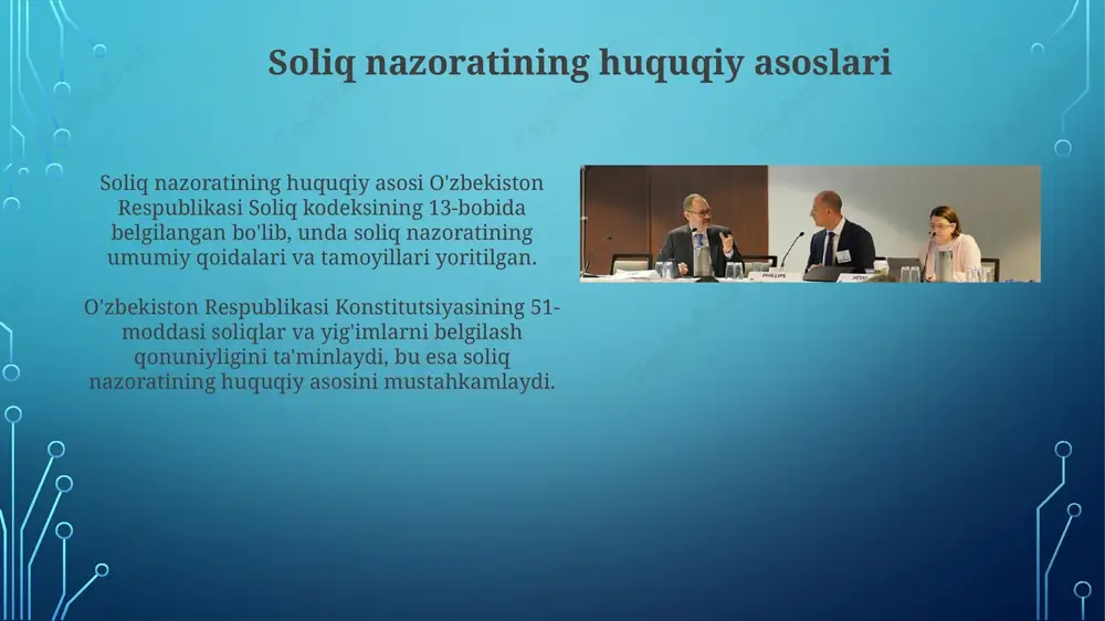 muvofiq, soliq to'lashdan bo'yin tovlash uchun jinoiy javobgarlikni o'z ichiga olishi mumkin. bu holatda yirik miqdorda soliq to'lamaslik jinoiy hisoblanadi. ma'muriy javobgarlik soliq qonunchiligini buzish uchun soliq kodeksining 175-moddasiga muvofiq belgilanadi. misol uchun, hisobotlarni kechiktirish yoki noto'g'ri ma'lumot taqdim etish jarimaga olib kelishi mumkin. soliq nazoratini amalga oshirishda soliq organlarining huquqlari va majburiyatlari soliq organlari soliq to'lovchidan hisobotlar, deklaratsiyalar va boshqa hujjatlarni taqdim etishni talab qilish huquqiga ega, soliq kodeksining 93-moddasiga muvofiq, belgilangan muddatlarda. soliq organlari tekshiruvlar o'tkazish huquqiga ega, shu jumladan joyga chiqib tekshiruvlar, soliq kodeksining 138-moddasiga asosan, soliq to'lovchining faoliyatini nazorat qilish maqsadida. soliq to'lovchilarning huquqlari va majburiyatlari soliq to'lovchilar o'z huquqlarini himoya qilish maqsadida 3 yil ichida soliq organlarining qarorlari ustidan shikoyat qilish huquqiga ega, bu ularning qonuniy manfaatlarini ta'minlaydi. soliq to'lovchilar hisobotlarni o'z vaqtida taqdim etish va soliq qarzlarini to'lash majburiyatiga ega; aks holda, 15 kundan ortiq kechikish uchun jarimalar qo'llanilishi mumkin. soliq nazoratining samaradorligini baholash …