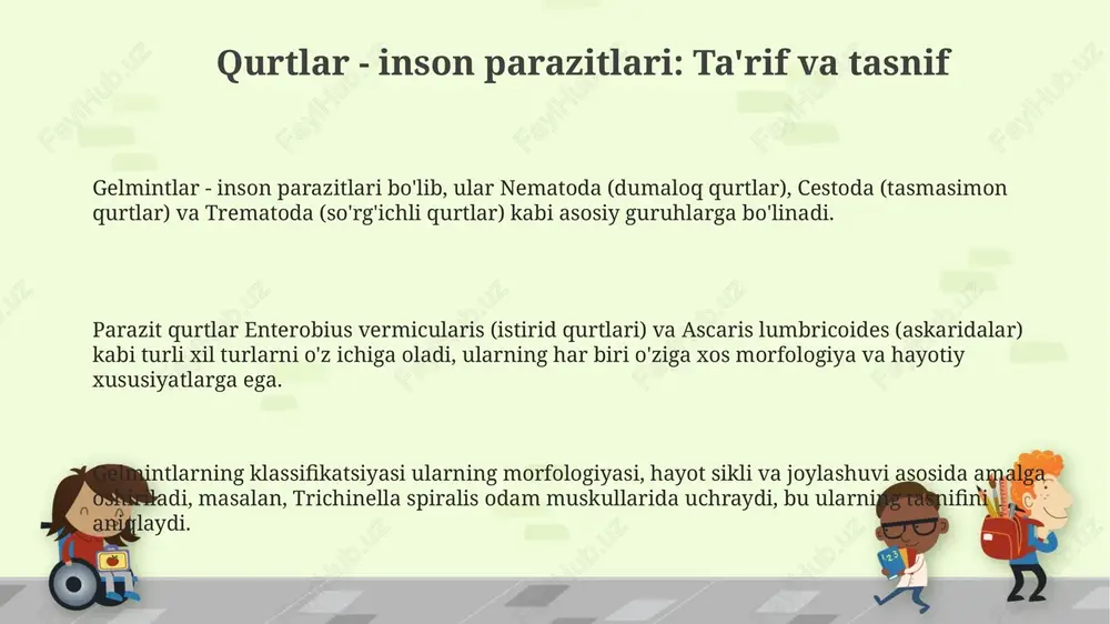 zit antijenlariga qarshi antitanachalarni aniqlash uchun ishlatiladi va sistiserkoz yoki exinokokkoz kabi invaziv gelmintozlarni tashxislashda juda foydali hisoblanadi. pcr (polimeraza zanjirli reaktsiyasi) dnkni kuchaytirishga asoslangan molekulyar diagnostika usuli bo'lib, hatto gelmintlarning juda kichik miqdorini ham yuqori aniqlik bilan aniqlashga imkon beradi. davolash usullari (dori-darmonlar) prazikvantel trematodalar va tsestodalarga qarshi samarali bo'lib, parazit membranalarining kaltsiy o'tkazuvchanligini oshiradi, bu esa falajga olib keladi; doza 600 mg dan 7200 mg gacha. albendazol - bu keng spektrli antelmintik dori bo'lib, u glyukoza so'rilishini inhibe qilish orqali nematodalarga qarshi samarali, odatda 400 mg dozada, infektsiya turiga qarab belgilanadi. mebendazol parazit hujayralarida tubulin polimerizatsiyasini bloklaydi, natijada mikrotubula hosil bo'lishi inhibe qilinadi va parazit glyukoza so'rilishini to'xtatadi; doza 100 mg dan 500 mg gacha. profilaktika choralari oziq-ovqat xavfsizligini ta'minlash uchun go'shtni kamida 70°c haroratda pishiring va sabzavotlarni iste'mol qilishdan oldin yaxshilab yuving; bu gelmintozlarning oldini olishga yordam beradi. shaxsiy gigiena qoidalariga rioya qiling, ayniqsa ovqatdan oldin va …