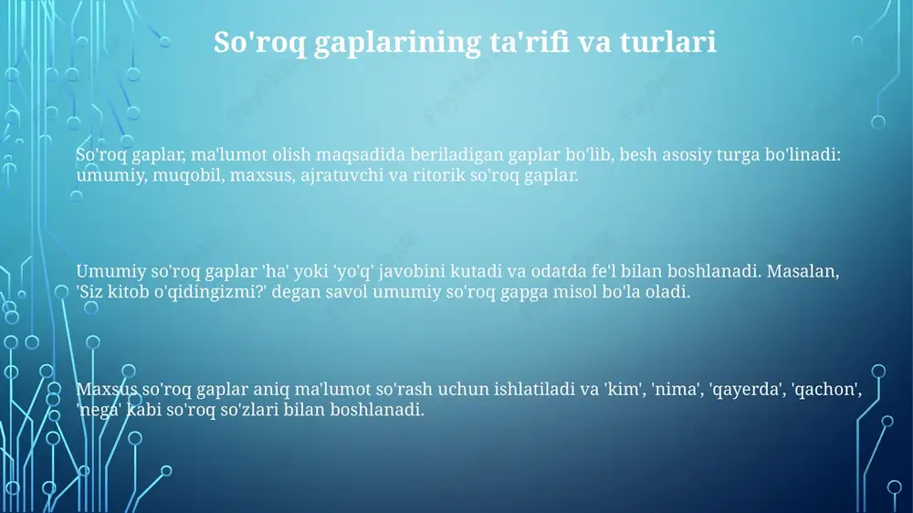o'zi bo'lsa ham, to'g'ri so'roq gapga xos so'z tartibi yo'q. ajratuvchi so'roq gaplarda "...emasmi?" qo'shimchasi har doim ham to'g'ri qo'shilmasligi mumkin, lekin 80% hollarda kontekstdan ma'no aniq bo'ladi, bu qoidabuzarlik hisoblanadi. e'tiboringiz uchun rahmat image3.png image1.png image2.png