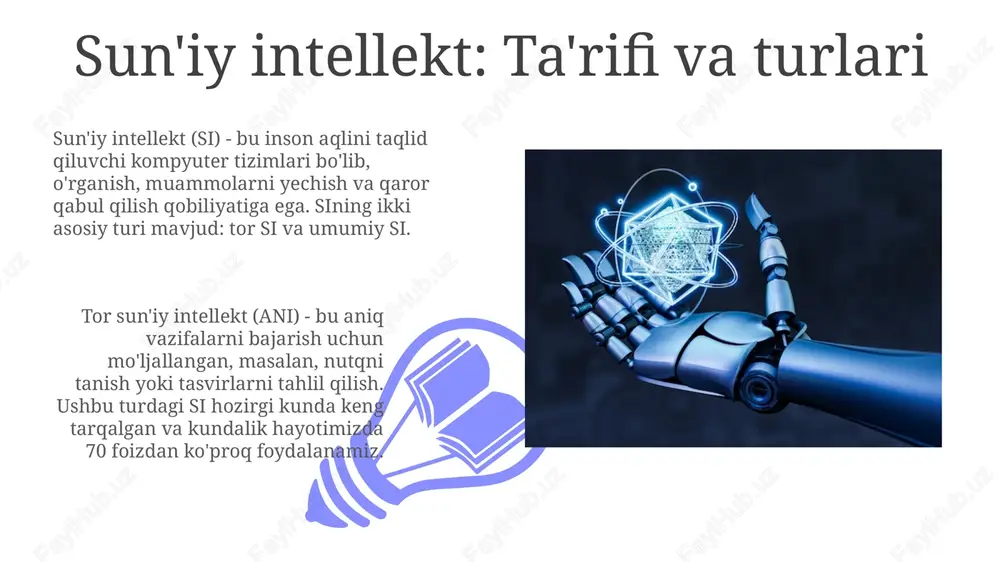 ktning keng tarqalishi ish o'rinlarining yo'qolishiga olib kelishi mumkin, ayniqsa, avtomatlashtirilishi mumkin bo'lgan oddiy vazifalarni bajaradigan odamlar uchun. bu esa ijtimoiy va iqtisodiy muammolarni keltirib chiqarishi mumkin. sun'iy intellekt bilan bog'liq axloqiy muammolar diskriminatsiya va adolatsizlik masalalari ai tizimlarida 1000 dan ortiq o'quv ma'lumotlarida noto'g'ri tasvirlar natijasida yuzaga kelishi mumkin, bu esa noaniq qarorlarga olib keladi. shaxsiy ma'lumotlarning himoyasi va xavfsizligi, ayniqsa, 5 milliarddan ortiq qurilma internetga ulangan paytda, ai ma'lumotlarni yig'ish va qayta ishlashda jiddiy etik muammolarni keltirib chiqaradi. ish o'rinlariga sun'iy intellektning ta'siri sun'iy intellektning ish o'rinlariga ta'siri ikki tomonlama: 2030-yilgacha ayrim hisob-kitoblarga ko'ra, ai 85 million ish o'rnini yo'qotishi mumkin, lekin shu bilan birga 97 million yangi ish o'rnini yaratishi kutilmoqda. avtomatlashtirish va ai tufayli takroriy va xavfli ishlar kamayishi mumkin, bu esa odamlarga ijodiy va strategik vazifalarga e'tibor qaratishga imkon beradi. shu bilan birga, 40% ishchilar yangi ko'nikmalarga ega bo'lishi kerak bo'ladi. sun'iy intellektning kelajagi va …