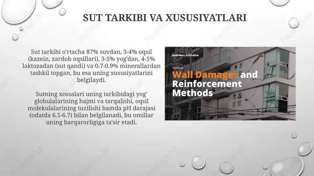 8 foizgacha sut yog'i bo'lishi mumkin, bu uning kremli tuzilishiga ta'sir qiladi; shuningdek, qattiq moddalar, shakar va stabilizatorlar ham qo'shiladi. muzqaymoq ishlab chiqarishda overran deb ataladigan jarayon mavjud bo'lib, unda havo aralashtiriladi. bu muzqaymoq hajmiga 25 foizdan 100 foizgacha ko'payishiga olib keladi. sut kukuni va kondensirlangan sut ishlab chiqarish sut kukunini ishlab chiqarishda atomizatsiya usuli keng qo'llaniladi, bunda sut 180-250°c haroratda issiq havo oqimida purkalib, namlikni 2-5% gacha kamaytiradi. kondensirlangan sut ishlab chiqarishda bug'lantirish jarayoni 50-80°c haroratda vakuum ostida amalga oshiriladi, bu esa sut tarkibidagi qand miqdorini 40-45% gacha oshiradi. zardobni qayta ishlash va laktozani yo'qotish texnologiyalari zardobni qayta ishlash ultrafiltratsiya kabi usullardan foydalanadi, bu yerda zardob oqsillari konsentrlanadi va laktoza va minerallar o'tadi, bu oqsillar qiymatini oshiradi. laktozani yo'qotish texnologiyalari laktozani glyukoza va galaktozaga gidroliz qilish uchun laktaza fermentini qo'llaydi, bu laktozaga sezgir odamlar uchun mos sut mahsulotlarini yaratadi. sifat nazorati va xavfsizlik sifat nazorati tizimi haccp tamoyillari asosida …