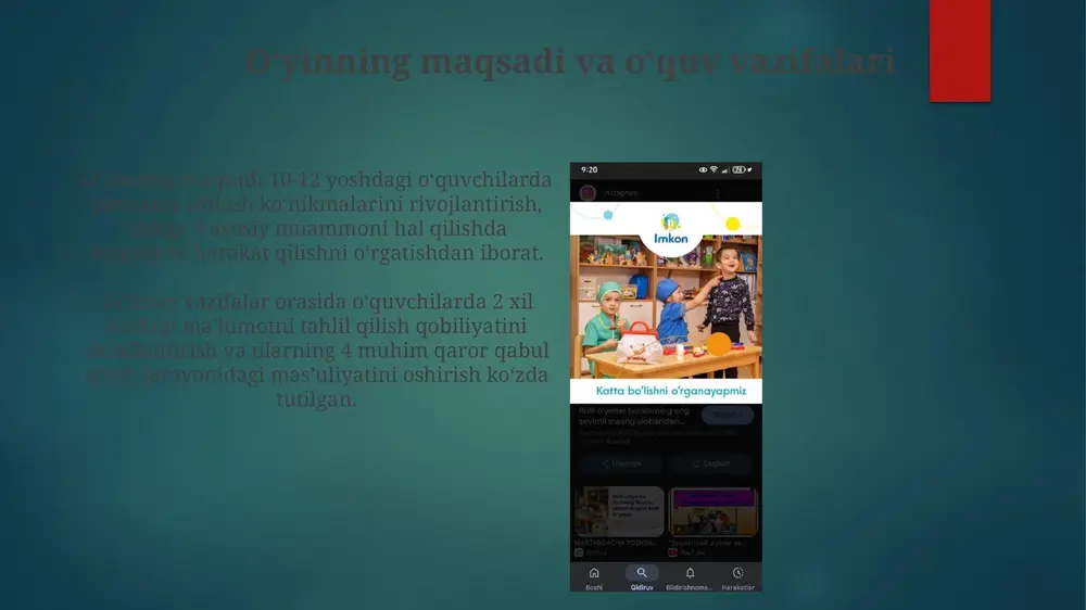 falari o'qituvchi o'yin davomida 8-12 talaba uchun murabbiy bo'lib, ularga vazifalarni tushuntiradi va qiyinchiliklarda yordam beradi, lekin ularning o'rniga vazifalarni bajarmaydi. o'qituvchi o'yin syujetining 60-70 foizini tashkil qiladi, shu bilan birga o'quv maqsadlariga erishish uchun ssenariyga moslashuvchanlikni ta'minlaydi. texnik taʼminot va jihozlar oʻyin maydonini bezash uchun 10-15 ta turli xil rekvizitlar, masalan, xaritalar, artefaktlar va kostyumlar kerak boʻladi. ular oʻyin muhitini yaratish va ishtirokchilarning immersionini oshirish uchun muhimdir. tovush va vizual effektlar uchun kompyuter, proyektor va dinamiklar majmui oʻyin atmosferasini yaxshilaydi. ularni syujetning 5-7 muhim joylarida, audio qoʻllab-quvvatlash uchun ishlatish mumkin. xavfsizlik qoidalari oʻyin maydonida harakatlanishda ehtiyot boʻling, 10 yoshgacha boʻlgan bolalar uchun yumshoq qoplamali joylar ajratish, yiqilish va shikastlanish holatlarini minimallashtirish zarur. oʻyin davomida real hayotdagi janjallarga yoʻl qoʻymaslik, konfliktli vaziyatlarni hal qilish uchun “stop-soʻz” kiritish, psixologik xavfsizlikni taʼminlash kerak. oʻyinni rejalashtirish va tayyorlash bosqichlari oʻyin rejasini ishlab chiqishda 3-5 ta asosiy bosqich belgilanishi kerak, har bir bosqich uchun …