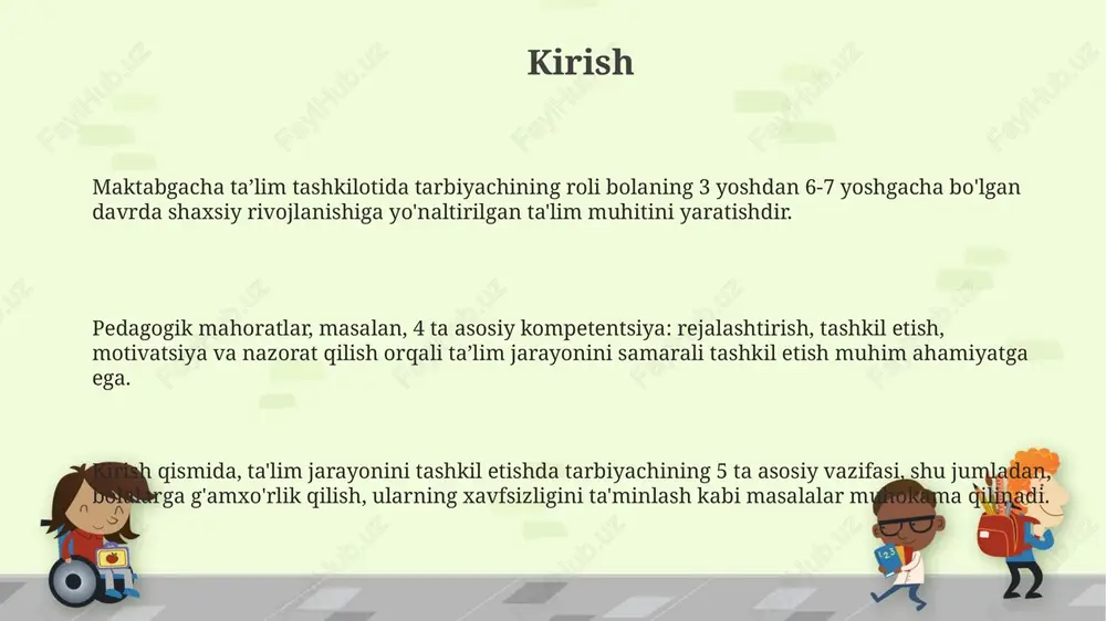 ijobiy fikr-mulohaza berish, ayniqsa, 3-4 yoshdagi bolalarga, ular erishgan har bir kichik yutuqni e'tirof etish muhim ahamiyatga ega. pedagogik baholash va nazorat nazorat jarayoni mtt tarbiyachisiga ta'lim sifatini yaxshilashga, bolalarning o'quv dasturiga moslashuvini tahlil qilishga va pedagogik yondashuvlarni optimallashtirishga yordam beradi. pedagogik baholash erta yoshdagi bolalarning individual rivojlanish yo'lini kuzatish uchun muhimdir, ularning qobiliyatlarini aniqlash va keyingi ta'lim strategiyalarini rejalashtirish uchun foydalidir. baholash mezonlari bolaning 3-6 yoshdagi asosiy ko'nikmalarini qamrab oladi, masalan, ijtimoiy moslashuv, nutq rivojlanishi va oddiy matematik tushunchalarni tushunish darajasini baholash kabi. innovatsion pedagogik texnologiyalar loyihalashtirish usuli 21-asr ko'nikmalarini rivojlantiradi: tanqidiy fikrlash, muammolarni hal qilish va hamkorlik, bolalarga real vaziyatlarda bilim qo'llash imkoniyatini beradi. o'yinli texnologiyalar bolalarning motivatsiyasini oshiradi va o'quv jarayonini qiziqarli qiladi, masalan, "kahoot!" dasturi orqali testlarni o'tkazish interaktivlikni ta'minlaydi. steam ta'limi fan, texnologiya, muhandislik, san'at va matematikani integratsiyalash orqali amaliyotga yo'naltirilgan bilimlarni shakllantiradi va 4k ko'nikmalarini o'stiradi. pedagogning kasbiy rivojlanishi pedagogning kasbiy rivojlanishi 7-10 yil …