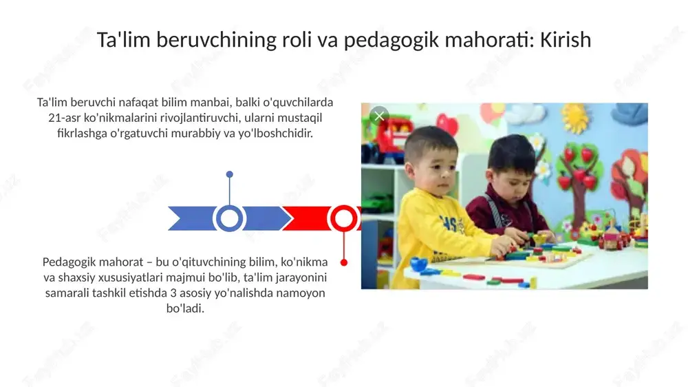irlarini tashkil etish, o'quv jarayoniga 20% qadar ijobiy ta'sir ko'rsatishi mumkin. ota-onalar bilan hamkorlik pedagogik mahoratni rivojlantirish yo'llari o'z ustida muntazam ishlash, 360 darajali baholashlardan foydalanish va 20 soatlik o'qitish usullari bo'yicha treninglarda qatnashish pedagogik mahoratni oshirishda muhim rol o'ynaydi. pedagogik mahoratni rivojlantirish uchun 10 ta interaktiv dars uslubini o'rganish, 5 yillik tajribaga ega ustozlardan mentorlik olish va 3 ta ilmiy maqola yozish kerak. ta'lim sifatini oshirishda pedagogning o'rni va zamonaviy tendensiyalar pedagog ta'lim sifatini oshirishda muhim rol o'ynaydi, 21-asr ko'nikmalarini singdirish va steam kabi zamonaviy tendensiyalarni joriy etish orqali o'quvchilarni tayyorlaydi. pedagogning o'rni o'zgarib bormoqda: an'anaviy bilimlarni yetkazuvchidan ko'ra, u endi 4.0 sanoatining ehtiyojlariga mos adaptiv ta'lim texnologiyalarini qo'llovchi rolini bajaradi. e'tiboringiz uchun rahmat image3.jpg image4.jpg image5.jpg image6.jpg image7.jpg image8.jpg image9.jpg image10.jpg image11.jpg image12.jpg image13.jpg image1.jpeg image2.jpeg