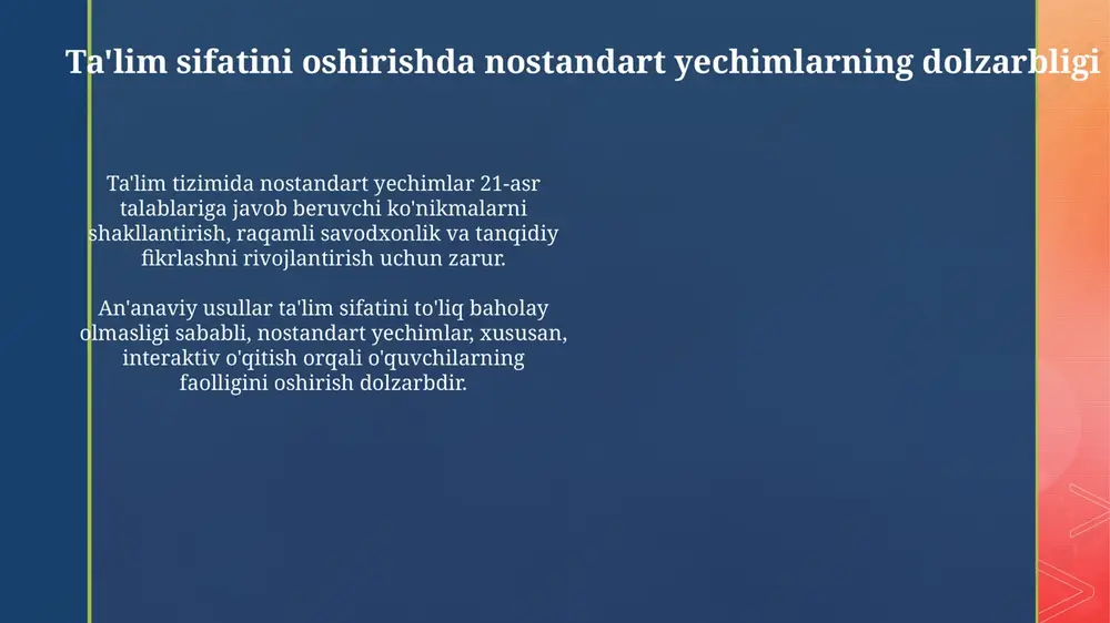 resurslarini taqdim etib, ta'lim sifatini yaxshilashga yordam berdi. nostandart yechimlarning ta'sirini o'rganish: empirik tadqiqotlar empirik tadqiqotlar nostandart yechimlarning ta'sirini aniqlash uchun nazorat guruhi va eksperimental guruh o'rtasida o'rtacha ball farqini hisoblash usulidan foydalanadi. katta hajmdagi ma'lumotlar (big data) yordamida o'quvchilarning ta'lim platformalaridagi harakatlari tahlil qilinib, 70% o'sish ko'rsatkichlariga olib kelgan omillar aniqlanadi. xulosa va tavsiyalar maktablar moslashuvchan ta’lim platformalarini joriy etishni o‘ylab ko‘rishlari kerak, bu orqali har bir o‘quvchiga moslashtirilgan resurslar va individual o‘qitish rejalari bilan ta’minlash imkoniyatini beradi. ta'lim jarayonida ochiqlikni ta'minlash uchun o'quvchilar va o'qituvchilarning fikr-mulohazalarini yig'ish va tahlil qilish uchun 360 graduslik mexanizmlar yaratish zarur. kelajakdagi tadqiqot yo'nalishlari kelajakda adaptiv ta'lim platformalarining samaradorligini 5 yillik longitudinal tadqiqot orqali, o'quvchilarning kognitiv rivojlanishiga ta'sirini o'rganish muhim. sun'iy intellekt asosidagi baholash tizimlarining xolisligini tekshirish uchun algoritmlarning 10000 ta o'quvchining ma'lumotlari bo'yicha demografik guruhlarga ta'sirini tahlil qilish zarur. e'tiboringiz uchun rahmat image4.jpg image5.jpg image6.jpg image7.jpg image8.jpg image9.jpg image10.jpg image11.jpg image12.jpg image2.png …