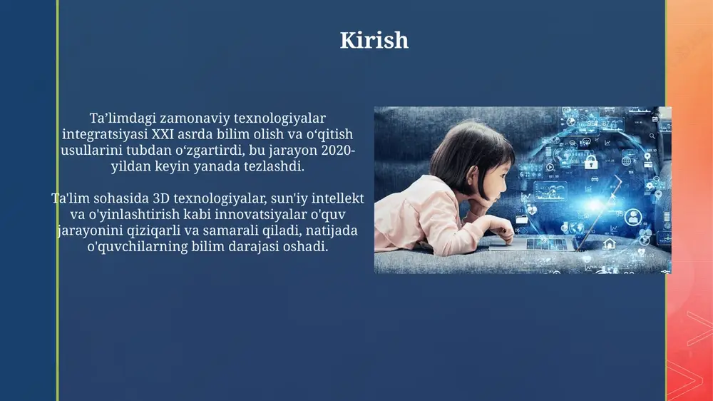 murabbiy va yo'naltiruvchi rolini o'ynaydilar, talabalarga texnologik vositalardan samarali foydalanish bo'yicha 21-asr ko'nikmalarini rivojlantirishda yordam beradilar. talabalar aktiv ishtirokchi sifatida texnologiyalardan bilim olish, hamkorlik qilish va ijod qilish uchun foydalanadilar, ularning rolini 2.0 veb-instrumentlari orqali o'z-o'zini boshqarishga yo'naltiradi. imkoniyatlar, afzalliklar va muammolar zamonaviy texnologiyalar ta'limda 24/7 imkoniyatni yaratadi, bu talabalarga istalgan vaqtda resurslardan foydalanish imkonini beradi va ularning bilim olish tezligini oshiradi. onlayn ta'limda xavfsizlik muammolari mavjud, masalan, ma'lumotlarning buzilishi va shaxsiy ma'lumotlarning himoyasi, bu esa 30% hollarda o'quvchilarni xavotirga soladi. kelajak istiqbollari va xulosa kelajakda ai-ga asoslangan tutorlik tizimlari talabalarga 24/7 yordam beradi, individual o'quv rejalarini shakllantiradi va o'zlashtirish darajasini 90% ga oshirishga xizmat qiladi. vr texnologiyasi arxeologik qazishmalarni virtual tarzda o'rganish imkonini beradi, 3d modellar orqali 100 dan ortiq tarixiy obidalarga sayohat qilish va interaktiv darslar yaratishga yordam beradi. e'tiboringiz uchun rahmat image4.png image5.png image6.jpg image7.jpg image8.jpg image9.jpg image10.png image11.jpg image12.jpg image13.png image2.png image3.png