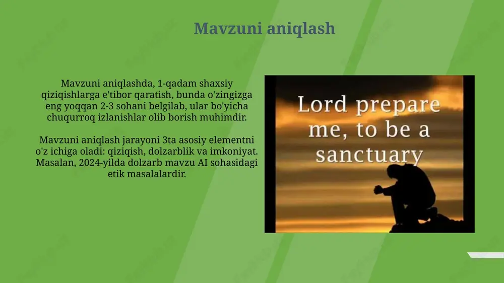 dalillar va tushuntirishlar shu yerda joylashadi, maqsadga erishish uchun 3-5 ta asosiy argumentni birlashtirib, aniq tuzilmaga ega bo'lishi zarur. ma'lumotlarni sinchkovlik bilan tahlil qilib, eng muhim 70-80% asosiy qismga kiritiladi; har bir tezis dalillar, misollar va statistik ma'lumotlar bilan qo'llab-quvvatlanishi kerak, xulosaga olib kelishi muhim. xulosa xulosa tadqiqot yoki loyihaning yakuniy qismi bo'lib, unda asosiy topilmalar 1-2 jumla bilan jamlanadi va olingan natijalarning ahamiyati baholanadi. xulosada tadqiqot savollariga berilgan javoblar qayta ko'rib chiqiladi, natijalar 3-4 asosiy dalil bilan mustahkamlanadi va kelajakdagi tadqiqot yo'nalishlari ko'rsatiladi. savol-javoblar savol-javoblar sessiyasi auditoriya bilan o'zaro munosabatlarni o'rnatishning 1-raqamli usuli bo'lib, tushunmovchiliklarni bartaraf etish va fikr-mulohazalarni olish uchun 25 daqiqa ajratilishi mumkin. savol-javoblar davomida aniqlikni ta'minlash uchun auditoriyaga 30 soniyadan ko'p bo'lmagan savollar berishga ruxsat berish kerak, bu esa maqsadli javoblarni olishga yordam beradi. e'tiboringiz uchun rahmat image1.jpg image2.jpg image3.jpg image4.png image5.jpg image6.jpg image7.jpg image8.jpg