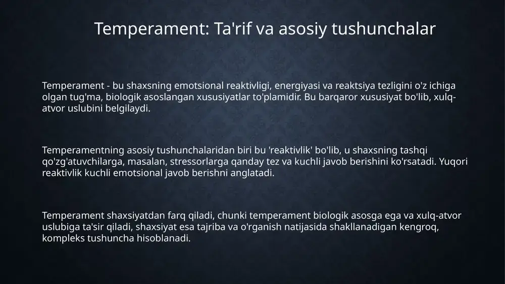 emperamentni o'lchashda so'rovnomalar va testlar qo'llaniladi, shaxs shakllanishida esa temperament xususiyatlari 40-60% ta'sir ko'rsatadi. kasb tanlashda temperamentga mos kasblar unumdorlikni oshiradi. shaxs shakllanishida temperamentning hissiy ta'siri 70-80% ni tashkil qilishi mumkin, o'lchash usullari 10 dan ortiq temperament turlarini aniqlaydi. kasb tanlashda muvaffaqiyat 30-40% temperamentga bog'liq. temperamentni boshqarish, moslashuv va o'rganish istiqbollari temperamentni boshqarish strategiyalari emotsional intellektni rivojlantirish va kognitiv qayta baholashni o'z ichiga oladi, bu stressni kamaytiradi va 30% ga samaradorlikni oshiradi. moslashuvchanlik temperament xususiyatlarini o'zgartirmasdan vaziyatga qarab xatti-harakatni moslashtirishni anglatadi; bu 2 yoki undan ortiq xususiyatlarni muvozanatlashni talab etadi. temperamentni o'rganish istiqbollari genomika, neyroimaging (fmri) va katta ma'lumotlar tahlilidan foydalanish orqali temperamentning biologik asoslarini aniqlashga qaratilgan. e'tiboringiz uchun rahmat
