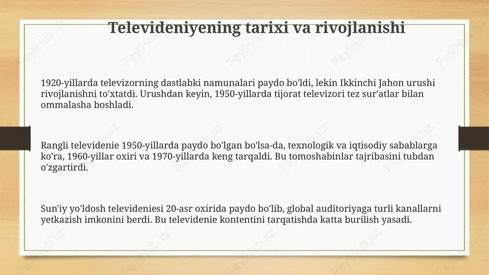 ar televidenie kelajagi 5g va undan keyingi aloqa standartlari yordamida ultra-yuqori aniqlikdagi (8k+) kontentni mobil qurilmalarga uzatish imkoniyatini oshiradi, bu esa tomoshabinlarning ko'rish tajribasini sezilarli darajada yaxshilaydi. sun'iy intellekt (si) texnologiyalari reklama targetini yaxshilash, kontentni shaxsiylashtirish va ishlab chiqarish samaradorligini oshirish uchun televidenie sohasida tobora ko'proq qo'llaniladi, bu esa 25% gacha xarajatlarni tejashga olib kelishi mumkin. streaming platformalar va interaktiv teleko'rsatuvlarning ommalashuvi ortishi bilan, tomoshabinlar uchun integratsiyalashgan virtual reallik (vr) va kengaytirilgan reallik (ar) tajribalarini taqdim etish orqali 30% gacha o'zaro ta'sirni oshirish kutilmoqda. e'tiboringiz uchun rahmat image3.png image4.png