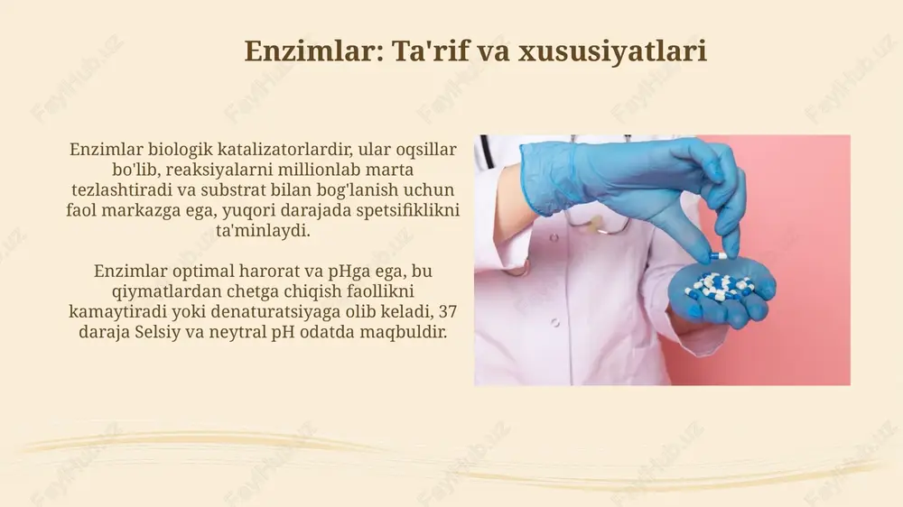 kulalarini himoya qilib, agregatsiyani kamaytiradi. enzimlarni yetkazib berish usullari enzimlarni yetkazib berishda mikrokapsulalash usuli qo'llaniladi, bunda enzimlar polimer qobiq bilan o'raladi, bu esa ularni himoya qiladi va asta-sekin, nazorat qilinadigan darajada chiqarilishini ta'minlaydi, masalan, 24 soat davomida. liposomalar, ikki qavatli lipidli vezikulalar, enzimlar yetkazib berishda keng qo'llaniladi. ular enzimni qoplaydi va maqsadli hujayralarga olib boradi, bu esa 80% samaradorlikka erishishga yordam beradi va toksiklikni kamaytiradi. enzimlar bilan bog'liq kasalliklar gaucher kasalligi lizosomal ferment glukotserebrosidaza yetishmovchiligi natijasida kelib chiqadi, bu esa 1-betta-glikozidaza fermentining faolligi pasayishi tufayli glukotserebrosidning to'planishiga olib keladi. fenilketonuriya - fenilalanin gidroksilaza fermentining yetishmovchiligi natijasida fenilalaninning metabolizmi buzilishi bilan xarakterlanadi, qonda fenilalaninning 20 marta ko'payishiga olib kelishi mumkin. kelajakdagi istiqbollar keyingi avlod fermentlar uchun gen terapiyasi va crispr-cas9 texnologiyasi kabi zamonaviy gen tahrirlash usullaridan foydalanish, xastaliklarni davolashda aniqlik va samaradorlikni oshiradi. nanotexnologiyalar va fermentlar o'rtasidagi sinergiyadan foydalanish orqali yangi dori vositalarini yetkazib berish tizimlari ishlab chiqilmoqda, bu esa target …