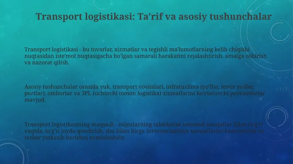 mrab oladi, bu erda materiallar, pul va axborot oqimlari optimallashtirilgan bo'lishi kerak. yetkazib berish zanjiri samaradorligi uchun buyurtmani bajarish vaqti (masalan, 3-7 kun) muhim ko'rsatkichdir, shuningdek inventar aylanishi ham katta ahamiyatga ega. yetkazib berish zanjirida logistika xarajatlari (transport, ombor, inventar) umumiy xarajatlarning 10-15 foizini tashkil etishi mumkin, shuning uchun optimallashtirish muhim. transport xarajatlari yuk tashish xarajatlariga masofa, og'irlik, hajm va transport turiga bog'liq bo'lgan asosiy tariflar kiradi; qo'shimcha xizmatlar, masalan, sug'urta va bojxona rasmiylashtiruvi 10-20% gacha qo'shimcha xarajatlarni keltirib chiqarishi mumkin. transport xarajatlari tarkibiga yoqilg'i, texnik xizmat ko'rsatish, haydovchi ish haqi va amortizatsiya kabi bevosita xarajatlar kiradi; ularning ulushi umumiy xarajatlarning 40-60 foizini tashkil qilishi mumkin. transport xarajatlarini optimallashtirish uchun yo'nalishni rejalashtirish, yuklarni birlashtirish va optimal transport turini tanlash muhim; texnologiyalardan foydalanish 15% gacha xarajatlarni kamaytirishga olib kelishi mumkin. transportni rejalashtirish va yo'nalishni optimallashtirish transportni rejalashtirishda "vaqt oynasi" tushunchasi muhim bo'lib, bu yuklarni olish yoki yetkazib berish uchun kelishilgan aniq …