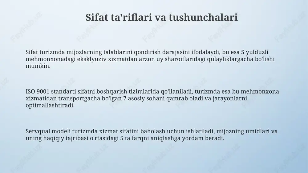 yillik sertifikatni beradi. sertifikatsiya va akkreditatsiya, masalan tripadvisor sertifikati, turizm korxonalariga raqobatdosh ustunlik beradi, 20% gacha mijozlar oqimini oshiradi, bu esa daromadga ijobiy ta'sir qiladi. turizmda raqobatbardoshlik va sifat mamlakatning raqobatbardoshligi 5 yulduzli mehmonxonalar, transport tizimlari va xizmat ko'rsatish sohasidagi sifat standartlariga bog'liq bo'lib, ularning ko'rsatkichlari 90% gacha bo'lishi mumkin. turizmda raqobatbardoshlik sifat bilan chambarchas bog'liq, 70% turistlar yuqori sifatli xizmat ko'rsatilishini raqobatdosh ustunlik deb hisoblaydi. sifatni oshirish orqali raqobatbardoshlikni mustahkamlash uchun iso 9001 kabi sifatni boshqarish tizimlarini joriy etish maqsadga muvofiqdir, natijada 30% gacha daromad ortishi mumkin. mamlakatning turistik imidjiga sifatning ta'siri mamlakat imidji xizmat ko'rsatish sifatiga bog'liq. misol uchun, 75% ijobiy fikrlar turizmning o'sishiga olib keladi, aksincha, 25% salbiy fikrlar imidjga putur yetkazadi. yuqori sifatli turizm 60% ko'proq takroriy tashriflar bilan bog'liq, bu esa mamlakatning iqtisodiy o'sishiga bevosita ta'sir qiladi va uning imidjini mustahkamlaydi. sifat standartlariga rioya qilmaslik mamlakatning imidjiga salbiy ta'sir ko'rsatishi mumkin, masalan 40% mijozlar sifatsiz …