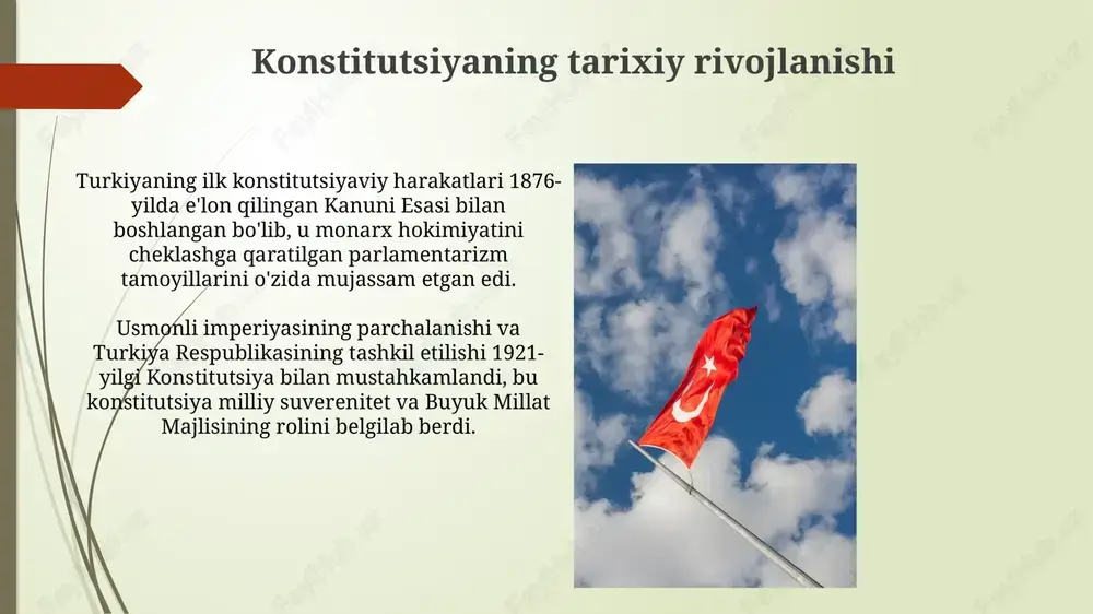 itish tartibi konstitutsiyaga o'zgartirishlar kiritish taklifi turkiya buyuk millat majlisi (tbmm) a'zolarining kamida uchdan bir qismi (200 deputat) tomonidan yozma ravishda kiritilishi kerak. konstitutsiyaga o'zgartirishlar loyihasi tbmmda ikki marta muhokama qilinadi. qabul qilish uchun umumiy deputatlar sonining kamida uchdan besh qismi (360 ovoz) kerak bo'ladi. o'tish davri qoidalari 1982-yilgi konstitutsiyaning o'tish davri qoidalari, harbiy hukumatning davlat boshqaruvini topshirish va demokratiyaga o'tish jarayonini tartibga solish uchun muhim ahamiyatga ega edi. o'tish davri qoidalari, 1980-yil 12-sentabrdagi harbiy to'ntarishdan so'ng milliy xavfsizlik kengashining vakolatlari va faoliyatini konstitutsiyaga moslashtirish vazifasini o'z ichiga olgan. so'nggi qoidalar so'nggi qoidalar, odatda, konstitutsiyaning kuchga kirishi, amalda qo'llanilishi va qonuniy kuchga ega bo'lish muddatlarini belgilaydi, aniq sanalar ko'rsatiladi. konstitutsiyaning so'nggi qoidalarida mavjud bo'lgan ziddiyatli masalalarni hal etish mexanizmlari va qonuniy kelishmovchiliklarni bartaraf etish usullari ko'rsatib o'tilishi mumkin. e'tiboringiz uchun rahmat image1.png image2.jpg image3.jpg image4.jpg image5.jpg image6.jpg image7.jpg image8.jpg image9.jpg image10.jpg image11.jpg image12.jpg image13.jpg