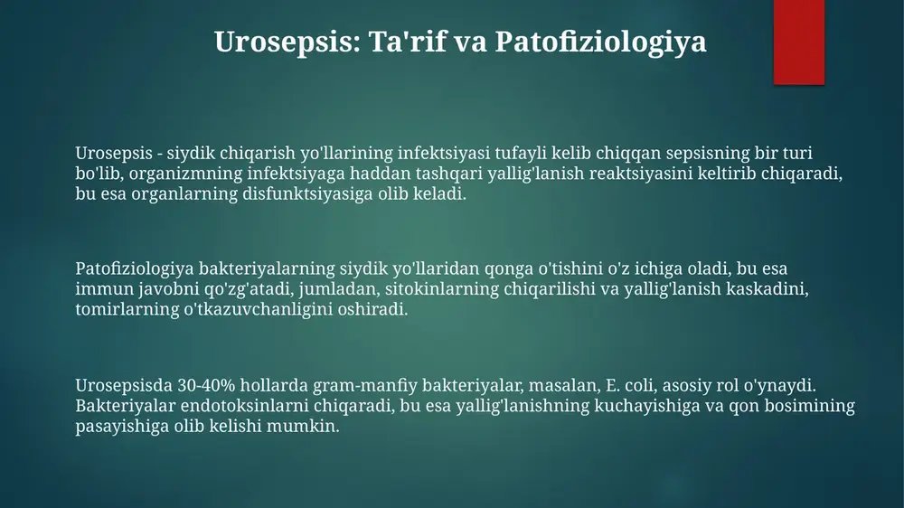 ini olish va buyraklar faoliyatini qo'llab-quvvatlash muhimligini tushuntirish lozim. antibiotiklarni qabul qilish qoidalari (doza, vaqt, davomiylik) va nojo'ya ta'sirlari haqida ma'lumot berish, shuningdek, to'liq kursni o'tkazish zarurligini ta'kidlash kerak. urosepsis alomatlari (isitma 38°c dan yuqori, titroq, siyishda og'riq) yomonlashganda tezda tibbiy yordamga murojaat qilish zarurligi haqida ogohlantirish zarur. e'tiboringiz uchun rahmat image6.png image1.png image2.png image3.png image4.png image5.png