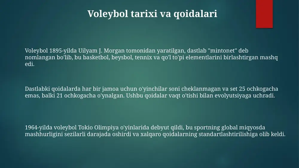 staligi xavfini kamaytirish imkoniyatidir, ayniqsa muntazam o'ynalganda. kelajakda voleybol texnologiyalardan foydalanish, masalan, video tahlil va sun'iy intellekt (ai) orqali o'yinni tahlil qilish va taktikani ishlab chiqish bo'yicha 25% gacha o'sishi kutilmoqda. voleybolning afzalliklaridan biri – bu 30 daqiqalik o'yin davomida 200-400 kaloriya yoqish imkoniyati, bu esa vaznni nazorat qilish va umumiy jismoniy holatni yaxshilashga yordam beradi. e'tiboringiz uchun rahmat image1.png image2.png image3.png image4.png image5.png