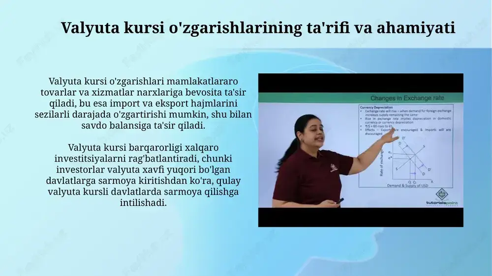 dollari 12000 so'm bo'lishi mumkin degan oddiy iqtisodiy qoidadir. agar importyorlar ko'proq dollarga talab bildirsalar, so'mning dollarga nisbatan kursi pasayadi, bu esa 1 aqsh dollari 12500 so'mga teng bo'lishiga olib kelishi mumkin. siyosiy barqarorlik siyosiy beqarorlik, ayniqsa davlat toʻntarishlari yoki fuqarolar urushlari valyuta qiymatini keskin pasaytirishi mumkin, chunki investorlar oʻz aktivlarini xavfsizroq bozorlarga koʻchiradilar va 10-20% miqdorda pasayish kuzatilishi mumkin. barqaror siyosiy muhitda hukumatning izchil siyosati (masalan, soliq va savdo qoidalari) sarmoyadorlarning ishonchini oshiradi, valyuta talabini oshiradi va kursni 5-15% ga koʻtaradi. tarixiy valyuta kursi o'zgarishlariga misollar osiyo moliyaviy inqirozi (1997-1998) tailand batining qulashiga olib keldi, uning qiymati aqsh dollariga nisbatan keskin pasayib, butun mintaqaga ta'sir qildi va valyuta devalvatsiyasiga sabab bo'ldi. global moliyaviy inqiroz (2008-2009) islandiya kronasini qulashiga olib keldi, chunki bank tizimi quladi va davlat valyuta bozori va kapital nazoratini joriy etishga majbur bo'ldi. e'tiboringiz uchun rahmat image2.jpg image3.jpg image4.png image5.jpg image6.jpg image7.jpg image8.jpg image9.jpg image10.jpg image1.png