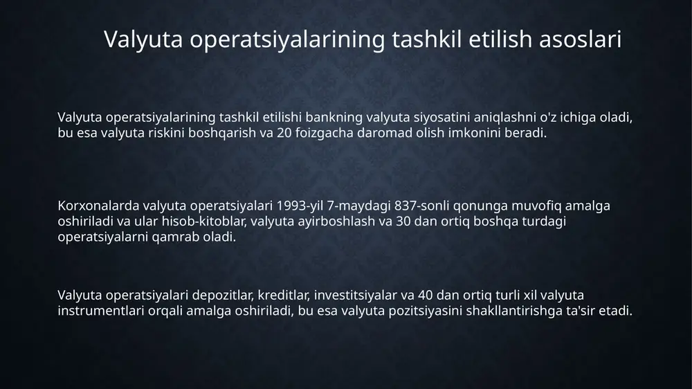 uta qonunchiligiga rioya etilishini tekshirishdir. valyuta qonunchiligi va me'yoriy hujjatlar o'zbekiston respublikasining "valyutani tartibga solish to'g'risida"gi qonuni 1993-yil 7-mayda qabul qilingan bo'lib, valyuta operatsiyalari va valyuta nazoratini asosiy me'yoriy hujjat sifatida belgilaydi. o'zbekiston respublikasi markaziy bankining yo'riqnomalari, masalan, 234-sonli yo'riqnoma, tijorat banklari tomonidan valyuta pozitsiyasini boshqarish tartibini belgilaydi va rioya etilishi shart. o'zbekiston respublikasi prezidentining farmonlari, misol uchun, valyuta siyosatini liberallashtirishga qaratilgan farmonlar, valyuta operatsiyalarining qonuniy asoslarini tubdan o'zgartirishi mumkin. valyuta nazorati organlari va ularning vakolatlari davlat soliq qo'mitasi valyuta nazorati organidir. u tashqi savdo operatsiyalarini nazorat qiladi, eksport va import kontraktlari bo'yicha to'lovlarni tekshiradi hamda qonunbuzilish holatlarini aniqlaydi. valyuta nazorati organlaridan biri o'zbekiston respublikasi markaziy banki bo'lib, valyuta siyosatini yuritish, valyuta kursini barqarorlashtirish va litsenziyalash huquqiga ega. bojxona organlari valyuta nazorati doirasida tovarlar va valyuta qadriyatlarini respublikaga olib kirish va olib chiqishda deklaratsiyalash qoidalariga rioya etilishini nazorat qiladi. e'tiboringiz uchun rahmat image2.png