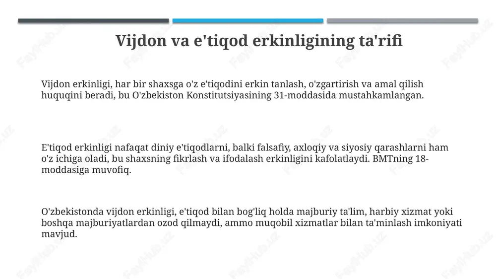 g asosiy huquqlarini, jumladan, ularning vijdon va diniy erkinliklarini himoya qilish uchun qonun bilan cheklanishi mumkin. konstitutsiya davlat hokimiyatini saqlash, xavfsizlikni ta'minlash maqsadida e'tiqod erkinligini cheklashi mumkin, ammo bu cheklovlar zarur va mutanosib bo'lishi shart. o'zbekiston respublikasining 201-moddasiga ko'ra, e'tiqod erkinligi boshqalarning huquqlari va qonuniy manfaatlariga tajovuz qiladigan harakatlar bilan chegaralanishi mumkin. diniy bag'rikenglik va tolerantlik tolerantlik, boshqa din vakillariga nisbatan sabr-toqatli bo'lishni o'z ichiga oladi, bu esa o'zbekistonning 150 dan ortiq millat va elatlar tinch-totuv yashashiga imkon beradi. diniy bag'rikenglik, jamiyatdagi turli e'tiqodlarni hurmat qilishni anglatadi, bu konstitutsiyaning 31-moddasida har bir shaxs uchun kafolatlangan vijdon erkinligining muhim qismidir. bag'rikenglik va tolerantlik, 14-asrda yashagan bahouddin naqshband kabi buyuk mutafakkirlarning ta'limotlarida aks etgan, bu esa ma'naviy yuksalishning asosiy omilidir. diniy ekstremizmga qarshi kurash diniy ekstremizmga qarshi kurashishda davlatlar 159-modda kabi qonunlar orqali zo'ravonlikni targ'ib qiluvchi guruhlarga qarshi kurashadi, lekin inson huquqlari buzilishiga yo'l qo'ymaslik muhim. o'zbekistonda 2004-yil 2-iyulda qabul qilingan 660-ii-sonli …