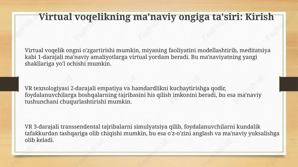 itual imkoniyatlarni 20% oshirishga imkon beradi. neyro-imageriya texnologiyalari vr tajribalari paytida miya faoliyatini aniqroq o'lchashga yordam beradi, ma'naviy hodisalarning 3d vizualizatsiyasini yaratadi. 5g va undan yuqori tezlikdagi tarmoqlar vrning global miqyosda kengayishiga imkon beradi, ma'naviy tajriba almashinuvini 75% ga oshiradi va transsendental hodisalarni aniqlaydi. e'tiboringiz uchun rahmat image3.png image4.png