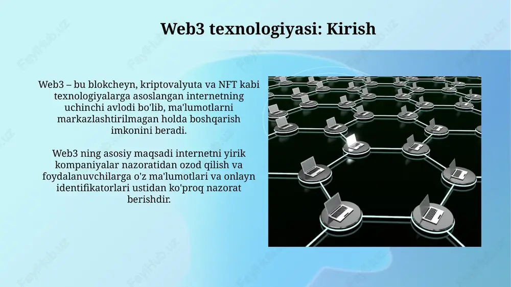 nchalari ko'pchilik foydalanuvchilar uchun qiyin bo'lishi mumkin. 2-xavfsizlik masalalari web3-da muhim muammo hisoblanadi. aqlli shartnomalardagi zaifliklar va xakerlik hujumlari natijasida moliyaviy yo'qotishlar sodir bo'lishi mumkin, bu esa foydalanuvchilar ishonchini pasaytiradi. web3 ilovalari (dapps) dapps blokcheynlarda ishlaydi, masalan, ethereum, kod va ma'lumotlar markazlashtirilmagan holda taqsimlanadi, bu esa 100% ish vaqtini va buzilishga chidamlilikni ta'minlaydi. ko'pgina dapps erc-20 tokenlaridan foydalanadi, bu esa tokenlar uchun standart protokoldir, bu esa ularning turli xil ekotizimlarda, shu jumladan defi platformalarida ishlay olishini osonlashtiradi. metaverse va web3 metaverse ichida web3 texnologiyalari, masalan, blokcheyn, foydalanuvchilarga 3d virtual olamlarda raqamli aktivlarga to'liq egalik qilish va ularni boshqarish imkonini beradi. web3 va metaverse integratsiyasi 2.0 versiyasi orqali yangi iqtisodiy imkoniyatlarni yaratadi, chunki foydalanuvchilar o'z kontentini yaratish va sotish orqali pul topishlari mumkin. web3 va data ownership (ma'lumotlarga egalik) web3 foydalanuvchilarga o'z ma'lumotlari ustidan ko'proq nazorat beradi. markazlashgan platformalar o'rniga, shaxslar o'z ma'lumotlarini shifrlash va 100% nazorat qilish imkoniyatiga ega. blockchain …