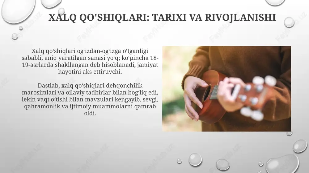 i hayotga qadam qo'yishi tasvirlanadi, uning tarixi juda qadim zamonlarga borib taqaladi. «lola» qo'shig'i o'zbek xalqining eng mashhur lirik qo'shiqlaridan biri hisoblanib, unda sevgi, sog'inch va tabiat go'zalligi aks etgan bo'lib, turli xil versiyalari mavjud 20-asrda. xalq qo'shiqlarining zamonaviy ta'siri folk qo'shiqlari bugungi kunda mashhur musiqachilarga ilhom beradi, ular o'z asarlarida xalq motivlaridan foydalanib, yangi auditoriyaga 21-asr ovozini yetkazishadi. etnik festivallar va madaniy tadbirlarda xalq qo'shiqlari ijro etilib, 2024-yil holatiga ko'ra, madaniy merosning muhim qismi sifatida saqlanib qolmoqda va targ'ib qilinmoqda. xalq qo'shiqlarini saqlash va targ'ib qilish folklor festivallari va tanlovlari xalq qo'shiqlarini saqlashda muhim rol o'ynaydi, ularda 100 dan ortiq mahalliy va xalqaro ijrochilar yosh avlodga o'z ijodini namoyish etadi. 20 dan ortiq nodavlat notijorat tashkilotlar xalq qo'shiqlarini arxivlashtirish va ularni raqamlashtirish uchun $50,000 grant olgan, bu esa qo'shiqlarning saqlanishiga yordam beradi. image3.png image4.jpg image5.jpg image6.jpg image7.jpg image8.jpg image9.jpg image10.jpg image11.jpg image12.jpg image13.jpg image14.jpg image15.jpg image1.png