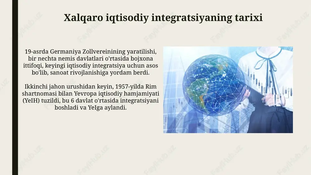 ini 10-25% ga yaxshilashga undaydi. biroq, rivojlanayotgan mamlakatlar yangi raqobatga duch kelishadi, bu esa mahalliy sanoatning 30-40% ga qisqarishiga olib kelishi mumkin, ayniqsa, agar infratuzilma yaxshi rivojlanmagan bo'lsa. siyosiy integratsiya bilan bog'liqlik siyosiy integratsiya iqtisodiy integratsiyaning keyingi bosqichi bo'lib, suverenitetning bir qismini o'tkazishni talab qiladi, masalan, yevropa ittifoqining 27 a'zo davlati uchun umumiy tashqi siyosat. siyosiy integratsiya odatda davlatlar o'rtasidagi o'zaro ishonchni oshiradi, bu esa savdo kelishuvlari va boshqa iqtisodiy hamkorlik shakllariga ko'proq sarmoya kiritishga imkon beradi va iqtisodiy o'sishni tezlashtiradi. integratsiyaning kelajakdagi tendentsiyalari va istiqbollari raqamlashtirish va elektron tijoratning o'sishi transchegaraviy savdoni soddalashtiradi, bu esa global qiymat zanjirlari va integratsiyaning yanada chuqurlashishiga olib keladi, 2030 yilgacha 20% o'sish kutilmoqda. yashil iqtisodiyotga o'tish mintaqaviy integratsiyani qayta shakllantiradi, barqaror savdo kelishuvlari va karbon chegarasini moslashtirish mexanizmlari 2025 yildan boshlab kengayib boradi. integratsiyadagi muammolar va tanqidlar integratsiyaning bir tomonlama foydalari, ayniqsa, yirik davlatlar foydasiga xizmat qilishi, tengsizlikni kuchaytirishi va kichik iqtisodiyotlarning suverenitetini …