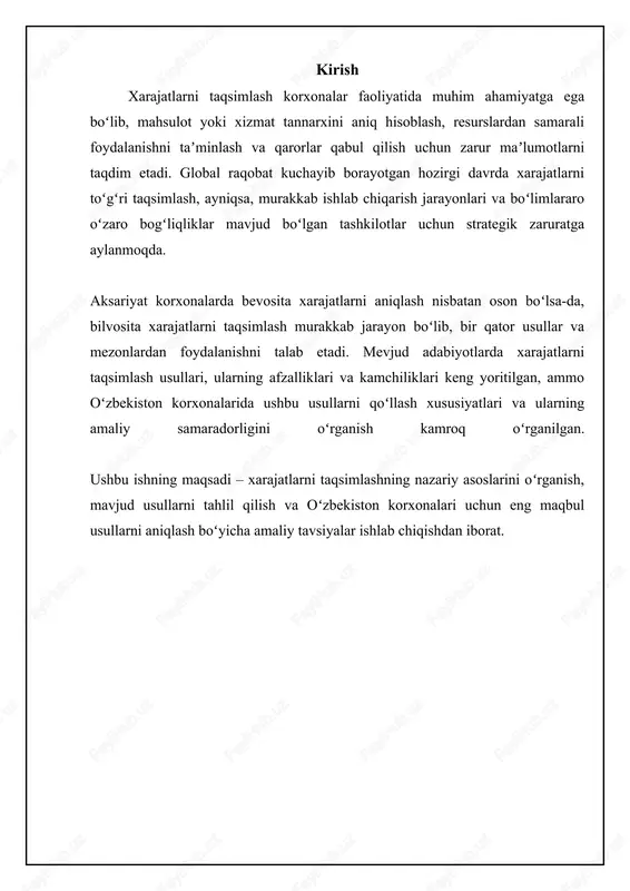 aoliyat bilan bog'laydi, aniqroq taqsimlashni ta'minlaydi. implementatsiyasi qimmat va vaqt talab qilishi mumkin. xarajatlar faoliyat turiga bog'liq bo'lganda (masalan, buyurtma berish, mahsulotni loyihalash). belgilangan nisbat bo'yicha taqsimlash oddiy, arzon, oson qo'llaniladi. xarajatlar va taqsimlash asosi o'rtasidagi bog'liqlik aniq bo'lmasligi mumkin. xarajatlarni taqsimlash uchun aniq sabab-oqibat aloqasi bo'lmaganda va amaliyotni soddalashtirish zarur bo'lganda (masalan, ijarani maydon bo'yicha taqsimlash). xarajatlarni taqsimlash usullarining tasnifi xarajatlarni taqsimlash usullarini bir necha mezonlar bo'yicha tasniflash mumkin. birinchi mezon - xarajatlarning izlanuvchanligi. shu nuqtai nazardan, xarajatlar to'g'ridan-to'g'ri va bilvosita xarajatlarga bo'linadi. to'g'ridan-to'g'ri xarajatlar, masalan, xom ashyo yoki ish haqi, bevosita ma'lum bir mahsulot yoki xizmatga bog'lanishi mumkin. bilvosita xarajatlar, masalan, ijara haqi yoki amortizatsiya, bir nechta mahsulot yoki xizmatga taalluqli bo'lib, taqsimlashni talab qiladi. ikkinchi mezon - xarajatlarni taqsimlash bazasi. xarajatlarni taqsimlash bazasi - bu xarajatlar taqsimlanadigan o'lchov. umumiy taqsimlash bazalariga mehnat soatlari, mashina soatlari, materiallar qiymati va savdo hajmi kiradi. taqsimlash bazasini tanlash muhim, chunki u …