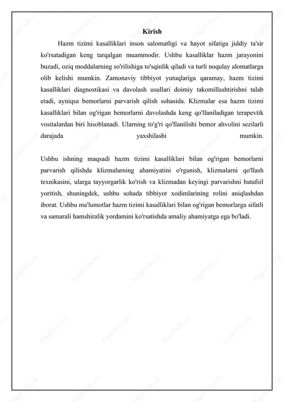g hayot tarzi (chekish, alkogol iste'mol qilish) va stress darajasi ham inobatga olinishi lozim. bemorning shikoyatlariga ko'ra og'riqning lokalizatsiyasi, xarakteri, davomiyligi, intensivligi, paydo bo'lish va kuchayish omillari aniqlanadi. fizik tekshiruv hazm tizimi kasalliklarini baholashda muhim bosqich hisoblanadi. ko'zdan kechirish, palpatsiya, perkussiya va auskultatsiya usullari qo'llaniladi. qorin bo'shlig'ini palpatsiya qilishda og'riqli nuqtalarni, organlarning kattalashganligini yoki boshqa patologik o'zgarishlarni aniqlash mumkin. auskultatsiya yordamida ichak peristaltikasining borligi va xarakteri baholanadi. jigar va taloqning kattalashganligi perkussiya bilan aniqlanadi. umumiy holatni baholash uchun terining rangi, shilliq qavatlarining holati va boshqa umumiy belgilar inobatga olinadi. laboratoriya diagnostika usullari laboratoriya tekshiruvlari hazm tizimi kasalliklarini tashxislashda muhim rol o'ynaydi. umumiy qon tahlili yallig'lanish (leykotsitoz) yoki qon ketish (anemiya) belgilarini aniqlashga yordam beradi. biokimyoviy qon tahlili jigar fermentlari (alt, ast), bilirubin, amilaza, lipaza kabi ko'rsatkichlarni baholash uchun ishlatiladi. ushbu ko'rsatkichlarning o'zgarishi jigar, me'da osti bezi va o't pufagi kasalliklarini ko'rsatishi mumkin. qonni koagulogramma tekshiruvi qon ivish tizimining holatini baholash …