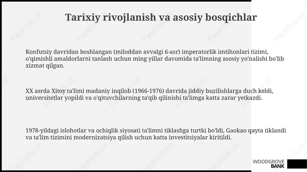 alarini rivojlantirishga qaratilgan 10 yillik strategiyalar amalga oshirilmoqda. woodgrove bank islohotlar, yangi yo'nalishlar va global integratsiya 1990-yillardan boshlab xitoy ta'limi markazlashtirilgan tizimdan uzoqlashib, maktablarga ko'proq avtonomiya berishga qaratilgan desentralizatsiya islohotlarini boshladi. ta'limning global integratsiyasi, xususan, stem (fan, texnologiya, muhandislik, matematika) yo'nalishlariga urg'u bergan yangi o'quv dasturlarini joriy etishni o'z ichiga oladi. xitoy yangi yo'nalish sifatida kasbiy ta'limni rivojlantirishga e'tibor qaratmoqda, bu esa 2025-yilga borib malakali ishchi kuchini ko'paytirish maqsadini ko'zda tutadi. woodgrove bank e'tiboringiz uchun rahmat woodgrove bank