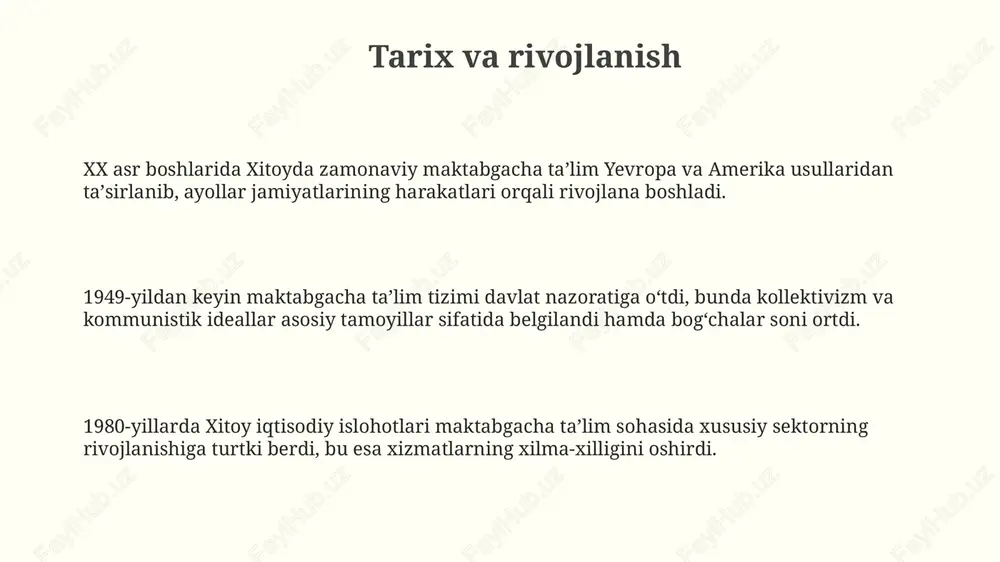 ning yetishmasligi va infratuzilmaning pastligi tufayli sifatli maktabgacha ta'lim olish imkoniyati 30% gacha kamayishi mumkin. 2030-yilgacha sifatli maktabgacha ta'limni kengaytirish uchun davlat xususiy sektor bilan hamkorlikni kuchaytirishi, pedagogik innovatsiyalarga 40% ko'proq sarmoya kiritishi kerak. inklusiv ta'limning yetarli emasligi sababli, nogironligi bo'lgan bolalarning atigi 15%i maktabgacha ta'lim muassasalariga qamrab olingan, bu esa tenglik muammosini keltirib chiqarmoqda. e'tiboringiz uchun rahmat