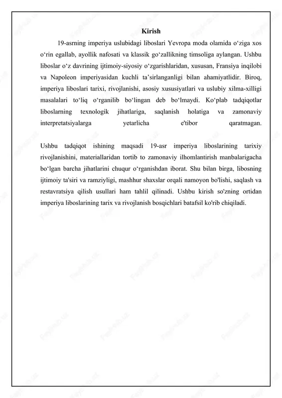 i va doimiy ravishda o'zgarib turdi. ⚖️ 19-asr imperiya uslubidagi liboslari: taqqoslash 19-asr boshidagi imperiya uslubidagi liboslarning asosiy xususiyatlarini taqqoslash item beli chizig'i balandligi yenglarning uzunligi mato turi bezatish kundalik libos juda yuqori qisqa yoki yo'q paxta yoki zig'ir oddiy kashta kechki libos yuqori uzoq yoki kapalak ipak yoki muslin murakkab kashta, dantel sayr uchun libos yuqori qisqa yoki uzun jun yoki paxta oddiy bezatish imperiya uslubidagi liboslar: tarix va xususiyatlar matolarning xususiyatlari va tanlovi empire liboslarining asosiy xususiyati yengillik va tabiiylik edi, shuning uchun materiallar tanlovi muhim rol o'ynadi. asosiy matolar orasida muslina, paxta, zig'ir va ipak bor edi. muslina o'zining shaffofligi va yengilligi bilan mashhur bo'lib, liboslarga havodorlik baxsh etdi. paxta kundalik liboslar uchun keng qo'llanilgan, chunki u arzon va qulay edi. zig'ir ham mashhur edi, ayniqsa, issiq iqlim sharoitida, chunki u nafas oladigan va salqin edi. ipak esa, hashamatli va tantanali liboslar uchun ishlatilgan, turli xil naqshlar …
