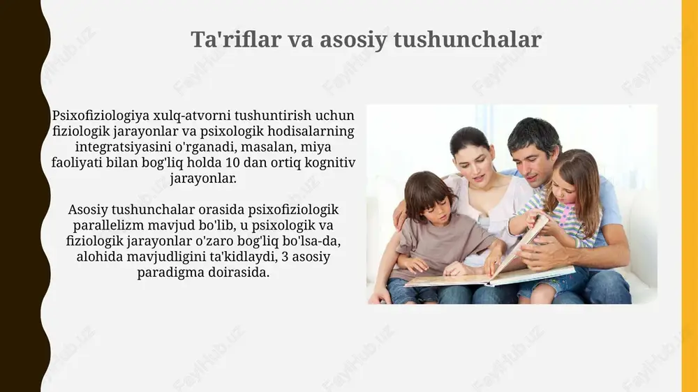 da. ushbu o'zgarishlar serotonin kabi neyrotransmitterlar disbalansi bilan bog'liq bo'lishi mumkin. shizofreniyaning neyrofiziologik asoslari dofamin retseptorlarining giperaktivligi va miya tuzilmalaridagi, masalan, temporal lobdagi anomaliyalar bilan bog'liqdir. tadqiqot usullari va texnologiyalari elektroensefalografiya (eeg) miya faoliyatini o'lchash uchun ishlatiladi, neyronlarning elektr faolligini aniqlash orqali xulq-atvor bilan bog'liq 0,5-100 gts chastotalarni aniqlash imkonini beradi. magnit rezonans tomografiya (mrt) miyaning anatomik tuzilishi va funktsiyalarini baholash uchun muhimdir,bold signalini o'lchash orqali qon oqimining o'zgarishini aniqlab, xulq-atvor vazifalarini bajarish jarayonida aniqlanadi. e'tiboringiz uchun rahmat image1.png image2.jpg image3.jpg image4.jpg image5.jpg image6.jpg image7.jpg image8.jpg image9.jpg image10.jpg image11.jpg