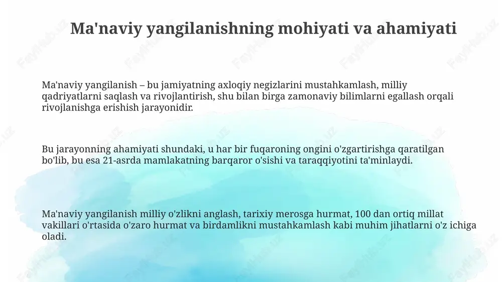 to'g'risida"gi qonun qabul qilindi. bu qonun fuqarolarga huquqiy bilim berishga qaratilgan. turizm sohasida 2017-2021 yillarda o'zbekistonda turizmni rivojlantirish konsepsiyasi amalga oshirildi. natijada 10 dan ortiq yangi turistik marshrutlar yaratilib, infratuzilma yaxshilandi. ertangi kun uchun yutuqlar, muammolar va strategiyalar kelajakdagi yutuqlar jamiyatda huquqiy madaniyatni oshirish, korrupsiyaga qarshi kurashning samarali tizimini yaratish orqali fuqarolarning huquqiy ongi va madaniyatini 75% ga oshirishni maqsad qiladi. muammolar orasida global axborot makonidagi salbiy ta'sirlar, yoshlar orasida diniy ekstremizmga moyillikning oldini olish, buning uchun 2024-2026 yillarda maxsus dasturlar ishlab chiqish zarur. strategiyalar ta'lim sifatini oshirish, innovatsion texnologiyalarni joriy etish, yoshlarning ma'naviy tarbiyasiga investitsiyalarni 30% ga oshirish va turizmning ma'naviy jihatlarini rivojlantirishni o'z ichiga oladi. e'tiboringiz uchun rahmat image1.png