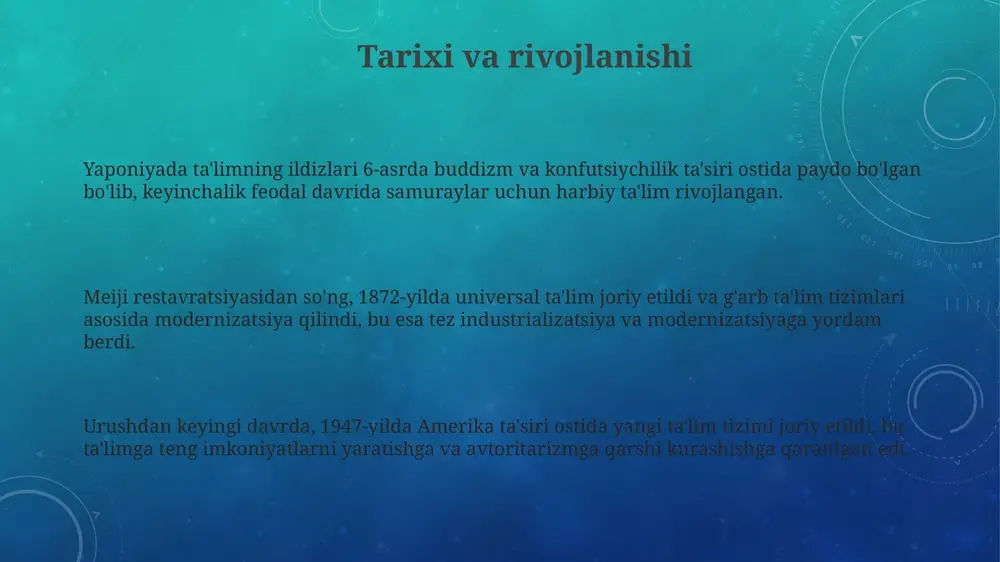 uvchilarning kelajakdagi imkoniyatlariga ta'sir etadi. yuqori raqobatdosh imtihonlar o'quvchilarda stress, tashvish va depressiyaga olib kelishi mumkin, buning natijasida jiddiy ruhiy salomatlik muammolari yuzaga keladi. o'rta maktab o'quvchilari ko'pincha haftasiga 60 soatdan ortiq o'qishga vaqt ajratishadi, shuningdek, qo'shimcha tayyorgarlik uchun "juku" deb ataladigan xususiy repetitorlik maktablariga ham qatnashadi. ta'limdagi tengsizlik ijtimoiy-iqtisodiy kelib chiqishi past bo'lgan oilalarning bolalari qo'shimcha darslarga (juku) borish imkoniga ega emas, bu ularning akademik ko'rsatkichlariga salbiy ta'sir qiladi. qishloq va shahar maktablari o'rtasidagi resurslar farqi ta'limdagi tengsizlikka olib keladi, qishloq joylardagi o'quvchilar yuqori sifatli o'qituvchilar va zamonaviy uskunalar bilan ta'minlanmaydi. nogironligi bo'lgan o'quvchilar integratsiya va qo'llab-quvvatlashning yetarli emasligi sababli ta'lim olishda qiyinchiliklarga duch kelishadi, bu esa tengsizlikning bir ko'rinishidir. xususiy ta'lim va juku xususiy ta'lim (xususiy maktablar) davlat maktablariga nisbatan kamroq bo'lsa-da, yuqori sifatli ta'lim va xalqaro dasturlarni taklif qiladi, bu esa 5-10% talabalarni o'ziga jalb etadi. juku (qo'shimcha ta'lim markazlari) o'quvchilarning 60% dan ortig'i tomonidan qatnashadi, ular …