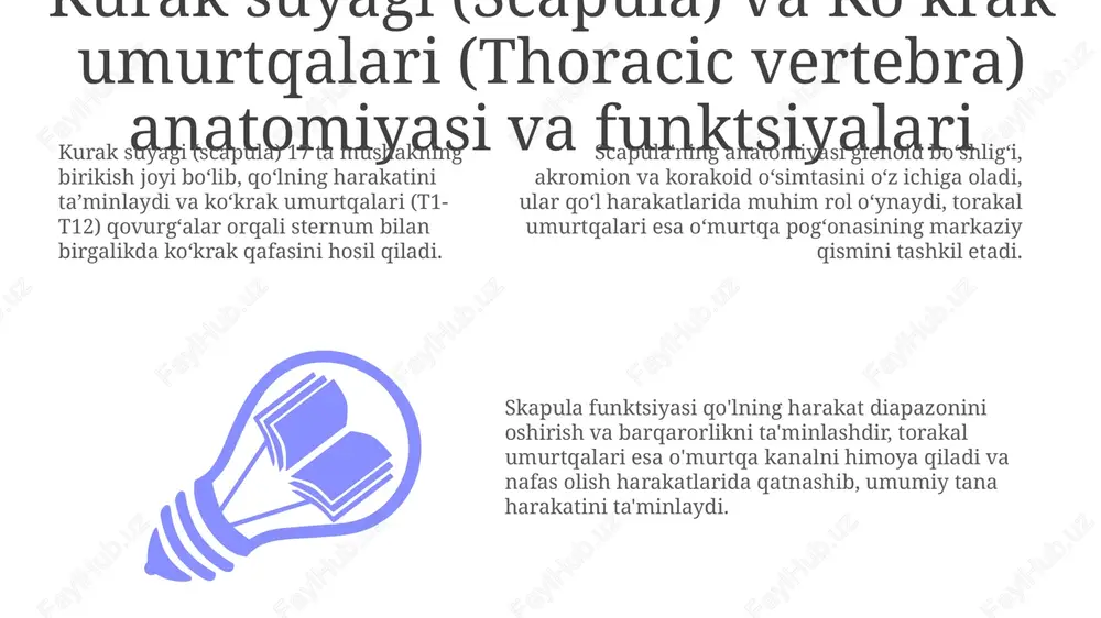 ogʻliq boʻlib, yelka harakatlarida muhim rol oʻynaydi. suyak koʻmigi, xususan, qizil suyak koʻmigi, qon hujayralarini ishlab chiqaradi. umurtqa kasalliklari bu ishlab chiqarishga ta'sir qilishi mumkin, natijada kamqonlik yoki boshqa gematologik kasalliklar rivojlanadi. e'tiboringiz uchun rahmat image1.jpeg image2.jpeg image3.jpeg