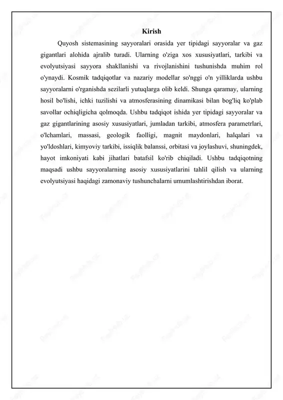 in. yupiter va saturn ichki qismlarida metall vodorodning zich qatlamiga ega bo'lishi mumkin, bu katta bosim ostida vodorodning o'ziga xos shaklidir. uran va neptunning mantiyasi muzli materiallardan iborat deb taxmin qilinadi, ular suv, ammiak va metanning aralashmasidir. gaz gigantlarining yadrosi, ehtimol, tosh va metall aralashmasidan iborat bo'lishi mumkin, ammo bu juda kichik ulushni tashkil qiladi. ⚖️ yer sayyoralari va gaz gigantlari taqqoslash yer sayyoralari va gaz gigantlarining asosiy xususiyatlarini solishtirish item zichlik tarkib hajm yuzasi yer sayyoralari yuqori tosh va metall kichik qattiq gaz gigantlari past gaz va suyuqlik katta yo'q o'lcham va massa: farqlar yer sayyoralari gaz gigantlariga nisbatan sezilarli darajada kichik va kam massaga ega. yer quyosh tizimidagi eng katta yer sayyorasi bo'lsa-da, uning radiusi taxminan 6371 km ni tashkil etadi. marsning radiusi esa taxminan 3390 km. solishtirish uchun, yupiterning radiusi taxminan 69,911 km ni tashkil etadi, bu yerdan 11 barobar kattaroqdir. saturnning radiusi taxminan 58,232 km, uran …