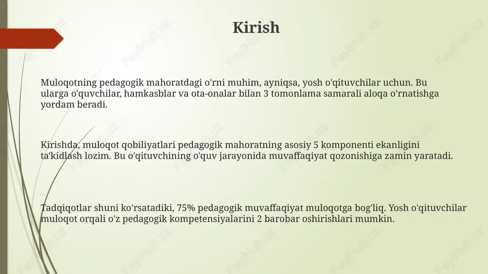 guruh muhokamalari va fikr-mulohazalarni doimiy ravishda to'plash kerak. hamkasblar bilan muloqot pedagogik mahoratni oshirish uchun hamkasblar bilan muloqotda 'sandwich' usulini qo'llang: ijobiy fikr, tanqid, keyin yana ijobiy fikr. bu samarali va konstruktiv muloqotga olib keladi. hamkasblar bilan muloqot 70/30 qoidasiga amal qilishi lozim: 70% vaqt tinglash va 30% vaqt gapirish. bu professional o'sish va hamkorlik uchun muhimdir. hamkasblar bilan muloqotda 5 ta asosiy ko'nikmaga e'tibor qarating: aktiv tinglash, aniq gapirish, hurmat, empatiya va muloqot uslubini moslashtirish. bu ijobiy ish muhitini yaratadi. ota-onalar bilan muloqot ota-onalar bilan muntazam aloqada bo'lish, masalan, har chorakda 2-3 marta uchrashuvlar o'tkazish, o'quvchining o'zlashtirishi va xulq-atvori haqida aniq ma'lumot berishga yordam beradi. ota-onalar bilan muloqotda empatiya muhim, ularning tashvishlarini tinglash va farzandlari ta'limi uchun o'z hissalari qanchalik muhim ekanligini tushuntirish kerak. elektron pochta, sms va maxsus platformalar orqali ota-onalar bilan aloqani yo'lga qo'yish 24/7 aloqani ta'minlaydi va tezkor ma'lumot almashish imkonini beradi. muloqotda texnologiyalardan foydalanish ta'limda …
