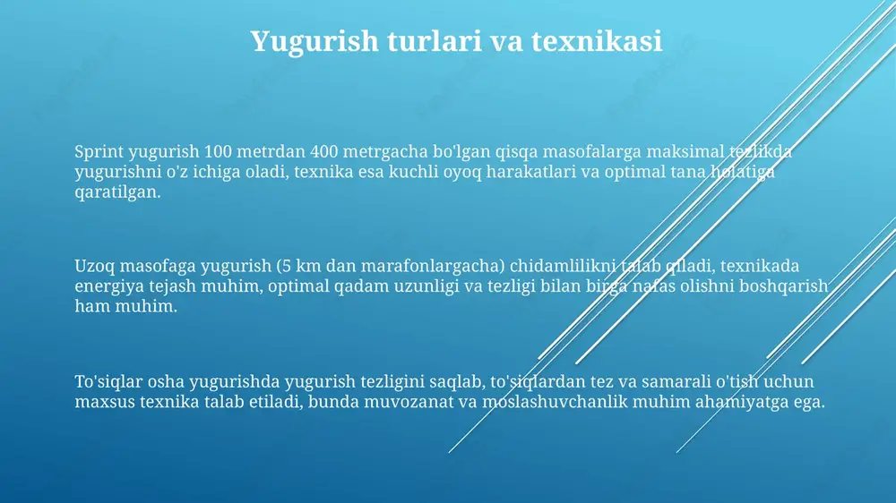kun oldin vizualizatsiya texnikasidan foydalaning: yugurish vaqtida o'zingizni muvaffaqiyatli tasavvur qiling, bu esa ishonchni oshiradi va stressni kamaytiradi. o'zingizga erishish mumkin bo'lgan qisqa muddatli maqsadlar qo'ying, masalan, har 5 kilometrga o'z vaqtingizni 2-3 soniyaga yaxshilash, bu motivatsiyani saqlab qolishga yordam beradi. salbiy fikrlarni rad etish uchun 3:1 qoidasidan foydalaning: har bir salbiy fikrga 3 ta ijobiy fikr keltiring. bu sizning ruhiy holatingizni yaxshilaydi va o'zingizga bo'lgan ishonchni oshiradi. e'tiboringiz uchun rahmat image1.png